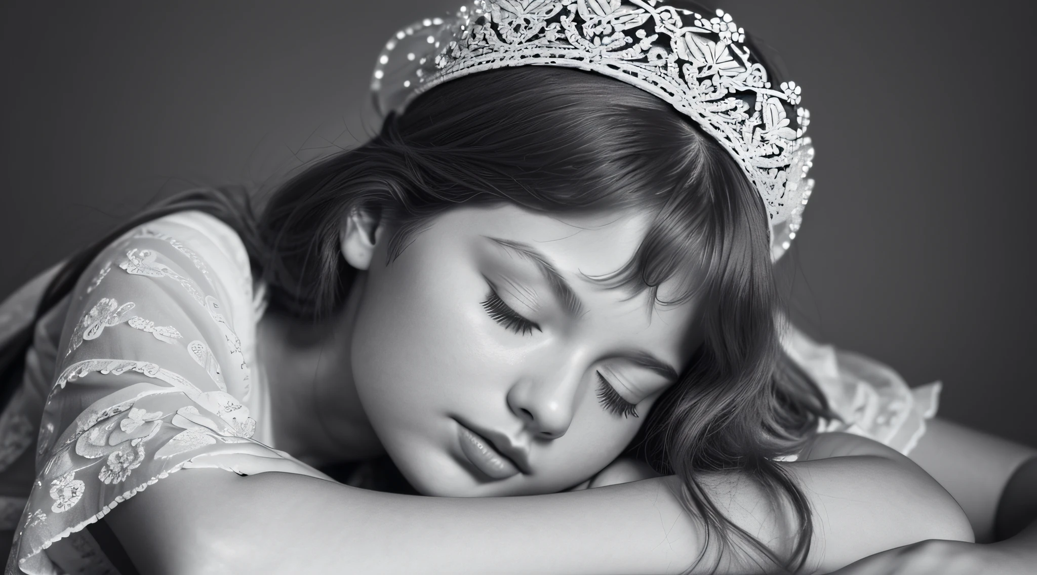 CHILD woman with a headband and closed eyes, sleepy fashion model face, dreaming face, peaceful face, beautiful languid princess, peaceful expression, taylor swift as a celestial angel, black and white portrait, p&m photo, sleeping princess!!!!, sleepy, head resting on hands, with eyes closed, black and white portrait, solemn expression
