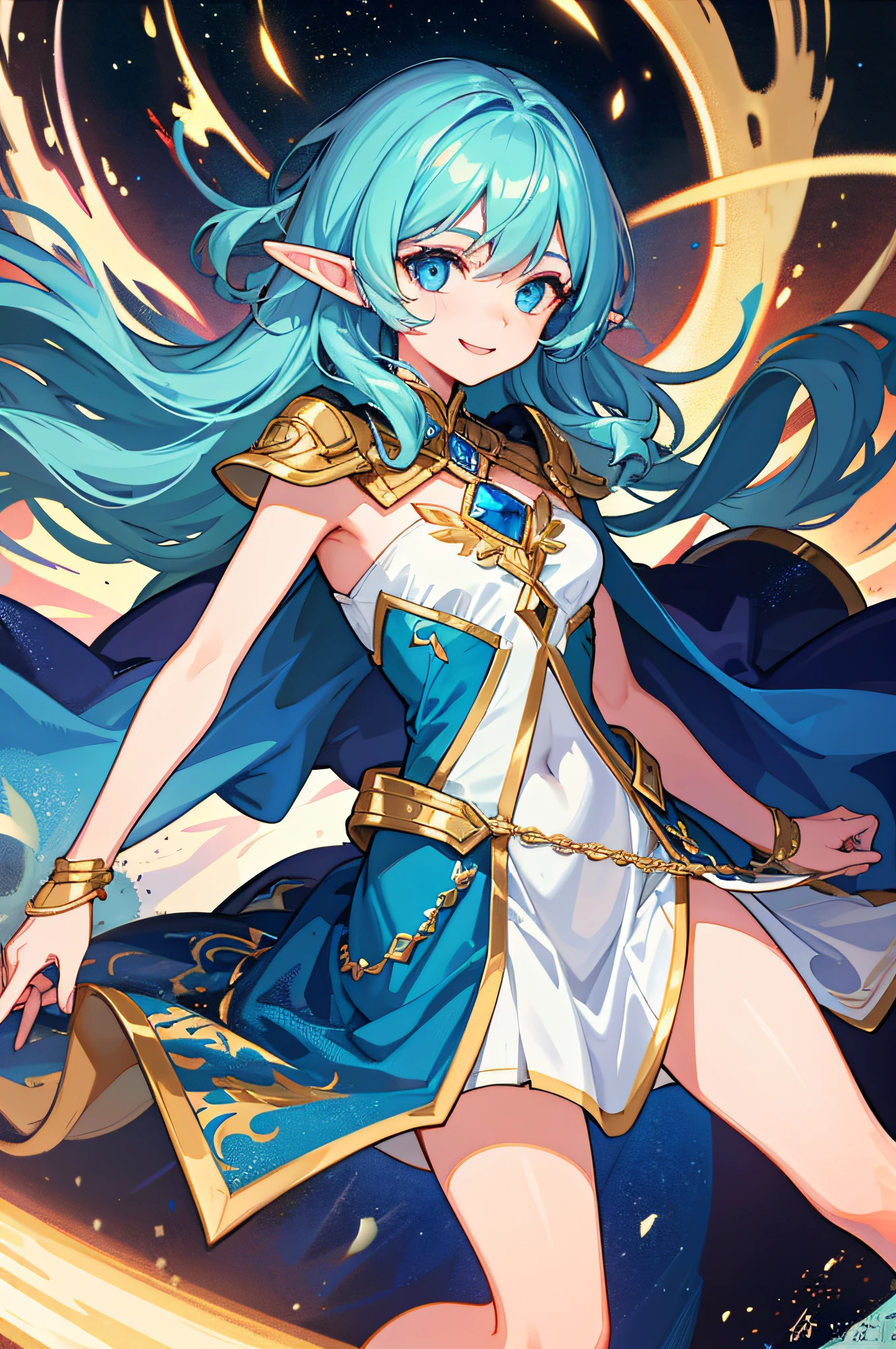 girl, short, exuberant beauty, light eyes, long curly hair, striking smile, elf ear, and ice mage clothes (high quality) (detailed description)