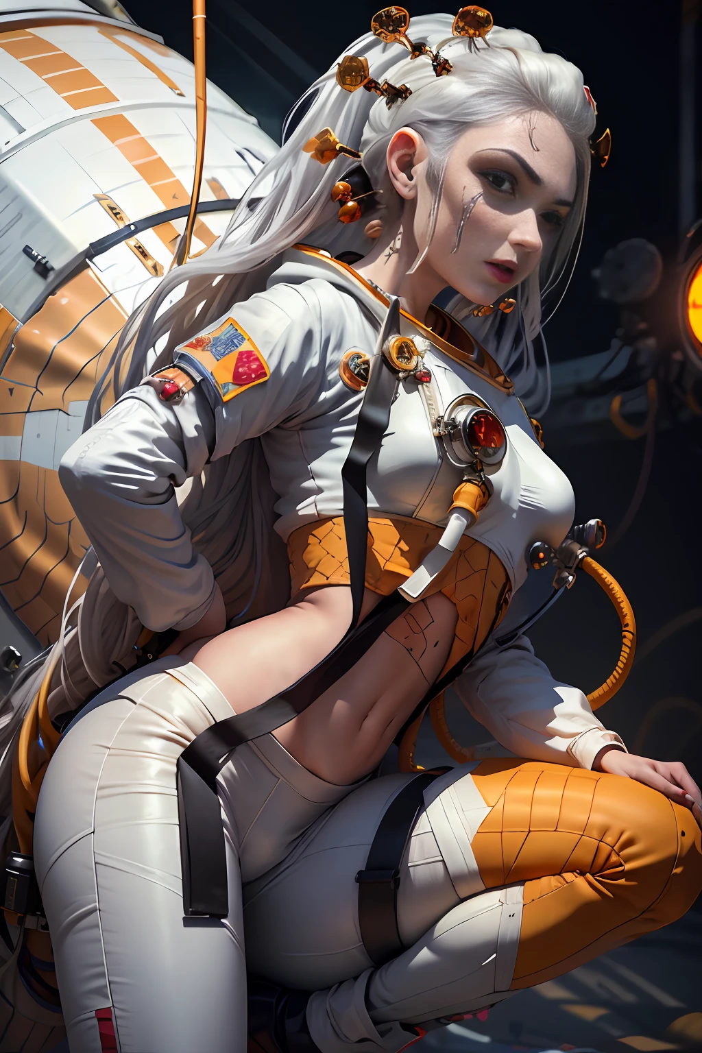 masterpiece, best quality, DakiV4, 1girl, solo, long hair, white hair, breasts, yellow eyes, hair ornament, (((astronaut suit))), white boots, white pants, oxygen tank, cables in the tank, makeup, lipstick, ((in outer space))