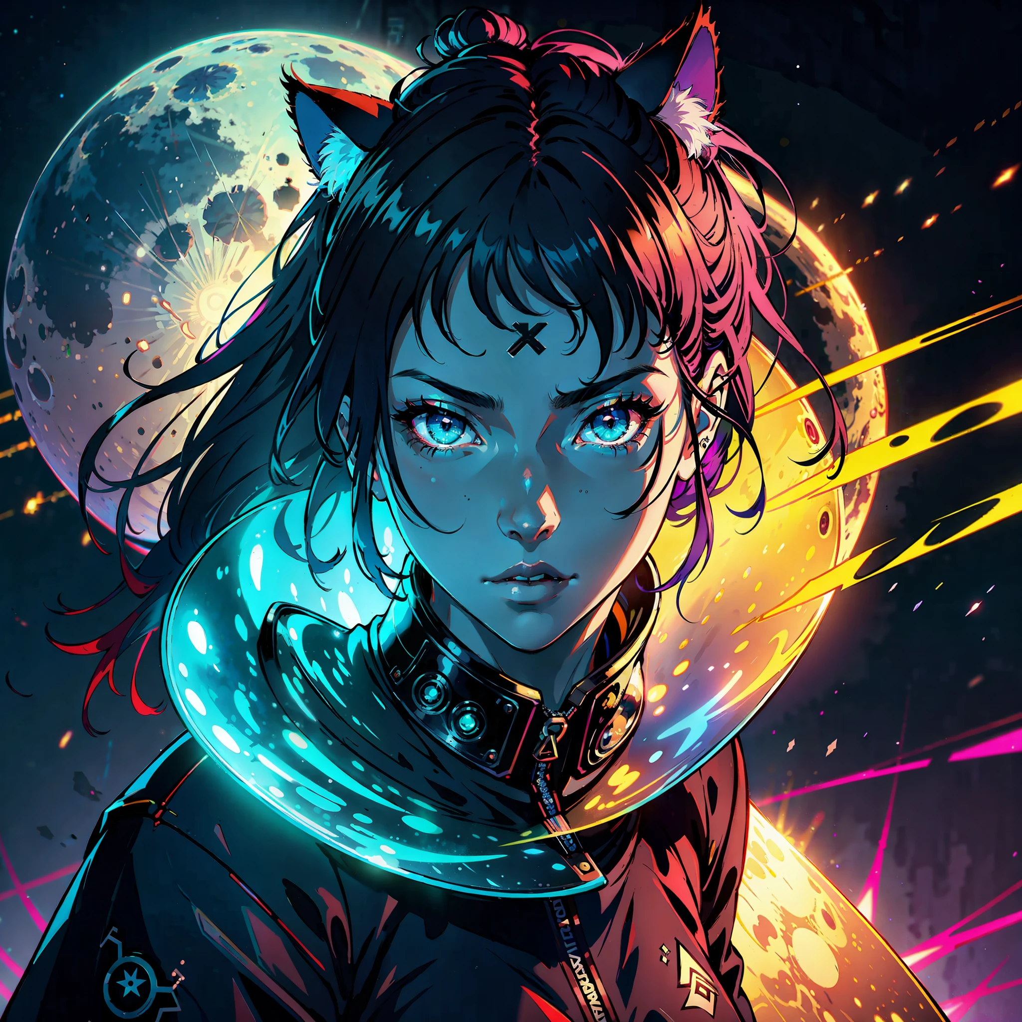 1girl, solo, one girl , tattoo, futuristic outfit, neon samurai, very beautiful cyberpunk samurai, cyberpunk samurai, style of ghost blade, victo ngai cyberpunk style, neon cyberpunk style, cyberpunc, neon cyberpunk, technomancer, video game character, synthwave image, cyberpunk voodoo, neon glow concept art,moon, lantern, night, solo, outdoors, sky, full moon, rain, mountain, cloud, paper lantern, night sky, bangs, tree, reflection, cloudy sky, {{(masterpiece),(extremely detailed CG unity 8k wallpaper),best quality,solo,cinematic lighting,detailed background,beautiful detailed eyes,bright pupils, (an extremely delicate and beautiful),(Beautiful and detailed eye description),ultra-detailed,masterpiece,}}, detailed eyes, beautiful eyes, realistic eyes, nice eyes, perfect eyes, Cat mask on the head