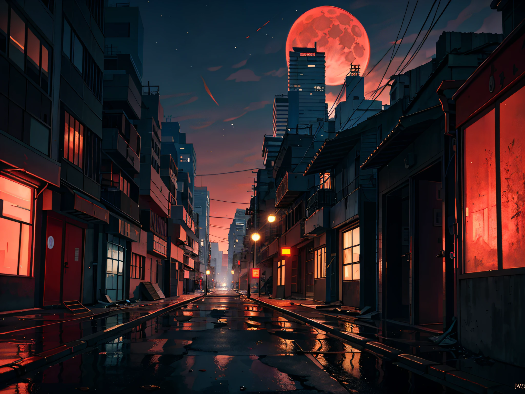 Dilapidated city streets, surrounding high-rise buildings, a full red moon