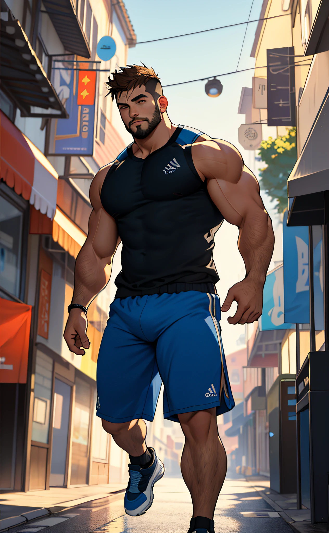 best quality, masterpiece, super high resolution, detailed background, realism, Illustrations, single, 1 boy, street, muscle, volumetric lighting, depth of field, facial hair, fitness trainer