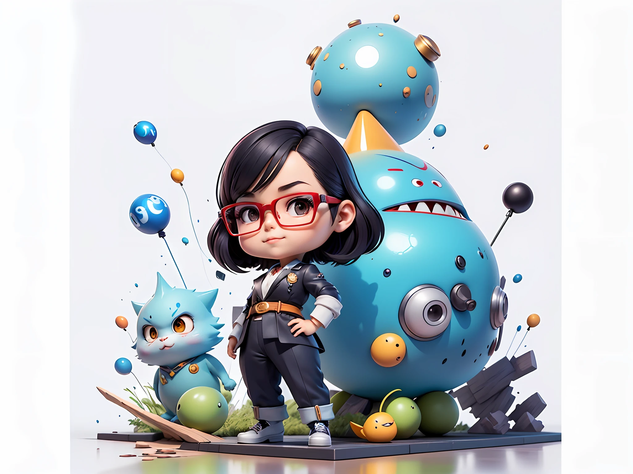 Masterpiece), (Excellent), (Super Meticulous), (Full Body: 1.2), Super Young Woman, Beautiful, Sexy, Bursting, Oriental Face, TV Anchor, Bust Portrait Illustration, Alone, Black Suit, Blue Tie, Silver Glasses, Slightly Chubby Face, Very Clean Face, No Beard, Black Super Short Hair, Black Eyes, Confident Smile, 3c Computer Sub-Products, iPad, iPhone, Digital Painting, 3D Character Design by Akira Toriyama with Mark Claireden and Pixar and Hayao Miyazaki, The illustration is a high-definition illustration in 4K resolution with very detailed facial features and cartoon-style visuals.