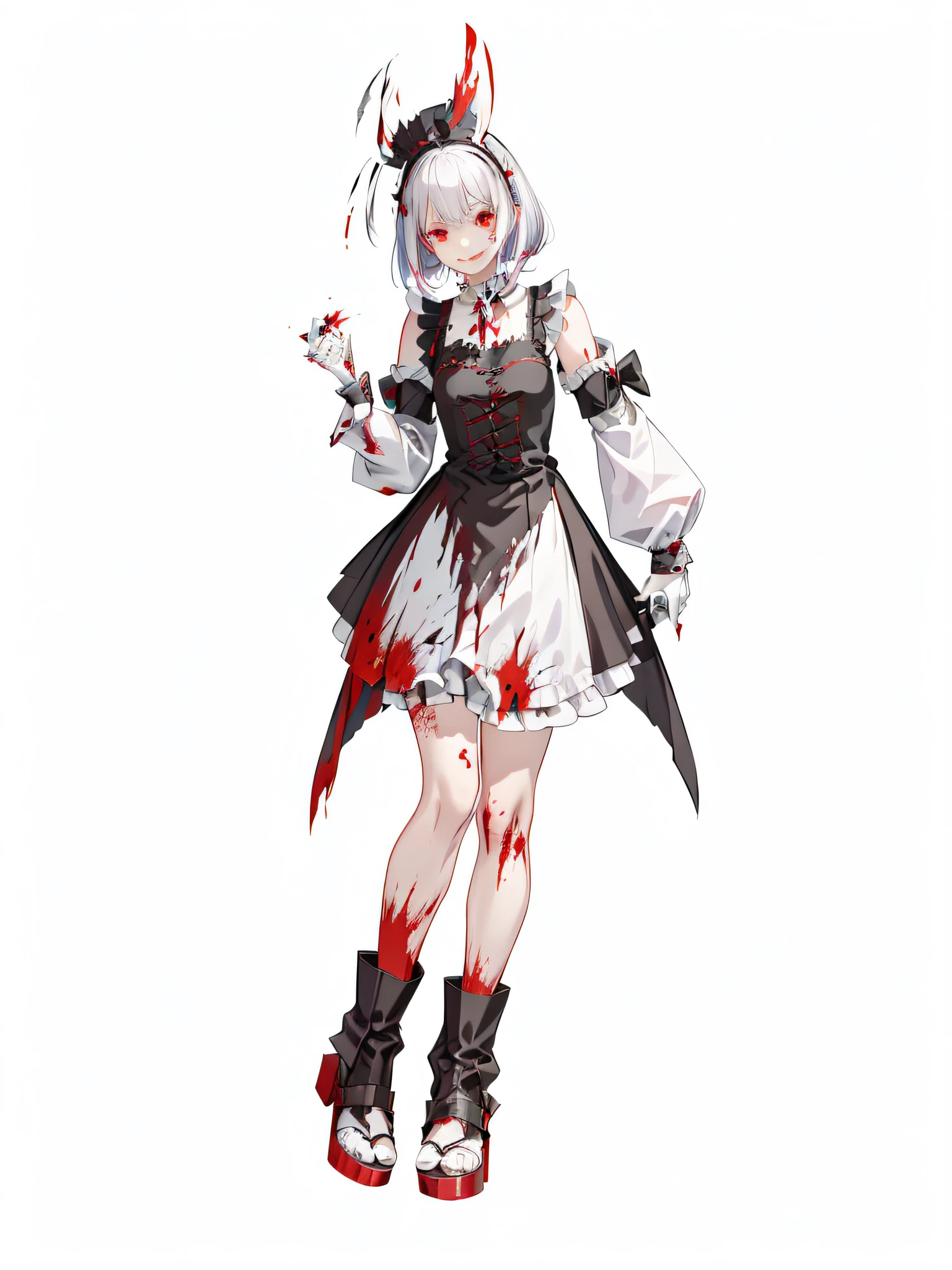 anime character dressed in a bloody costume with a knife and blood splattered on her face, bloody + concept art, gapmoe yandere grimdark, gapmoe yandere, yandere, yandere. tall, rem rezero, gothic maiden anime girl, in an apron covered in blood, shalltear bloodfallen, yandere intricate, demon anime girl