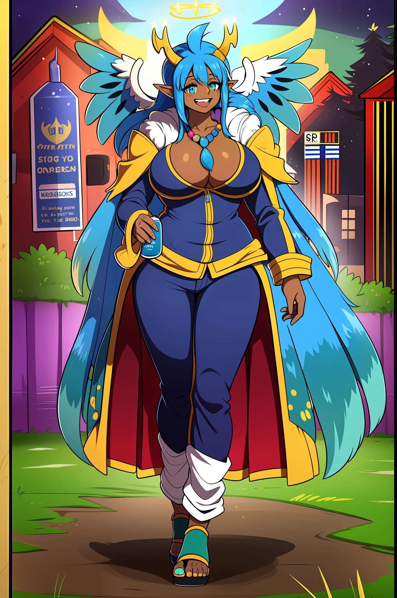 monster girl, dark-skinned woman, big chest, wings, happy,, coat jacket, pants, portrait, 1character, full body, walking, long dress, medieval, village, farm, angel halo, forest,flipflops, blue hair