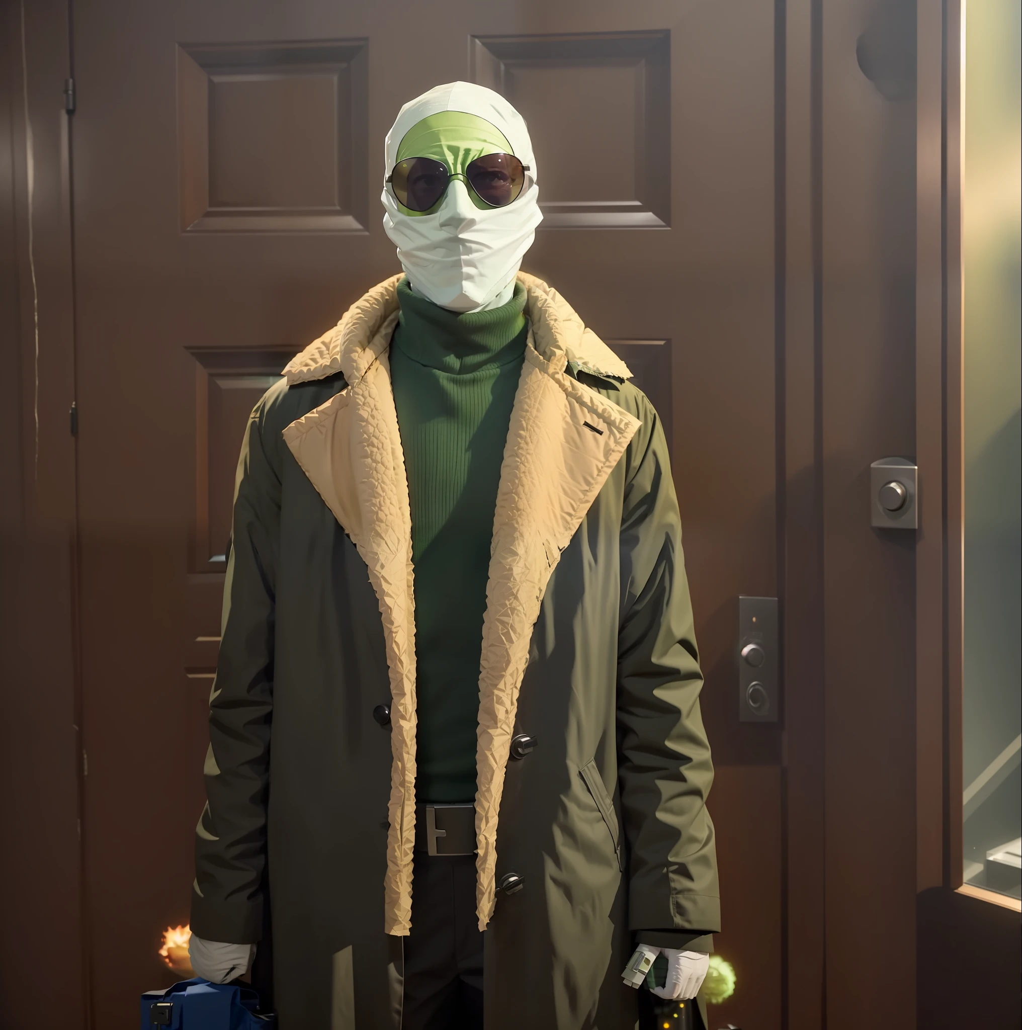 arafed man in a brown coat and sunglasses standing in front of a door, invisible man, shrek as neo from the matrix, wearing a turtleneck and jacket, superhero from the boys tv show, bank robbery movie, dressed in a worn, high quality image, mummified in bandages, covered in bandages, x man costume