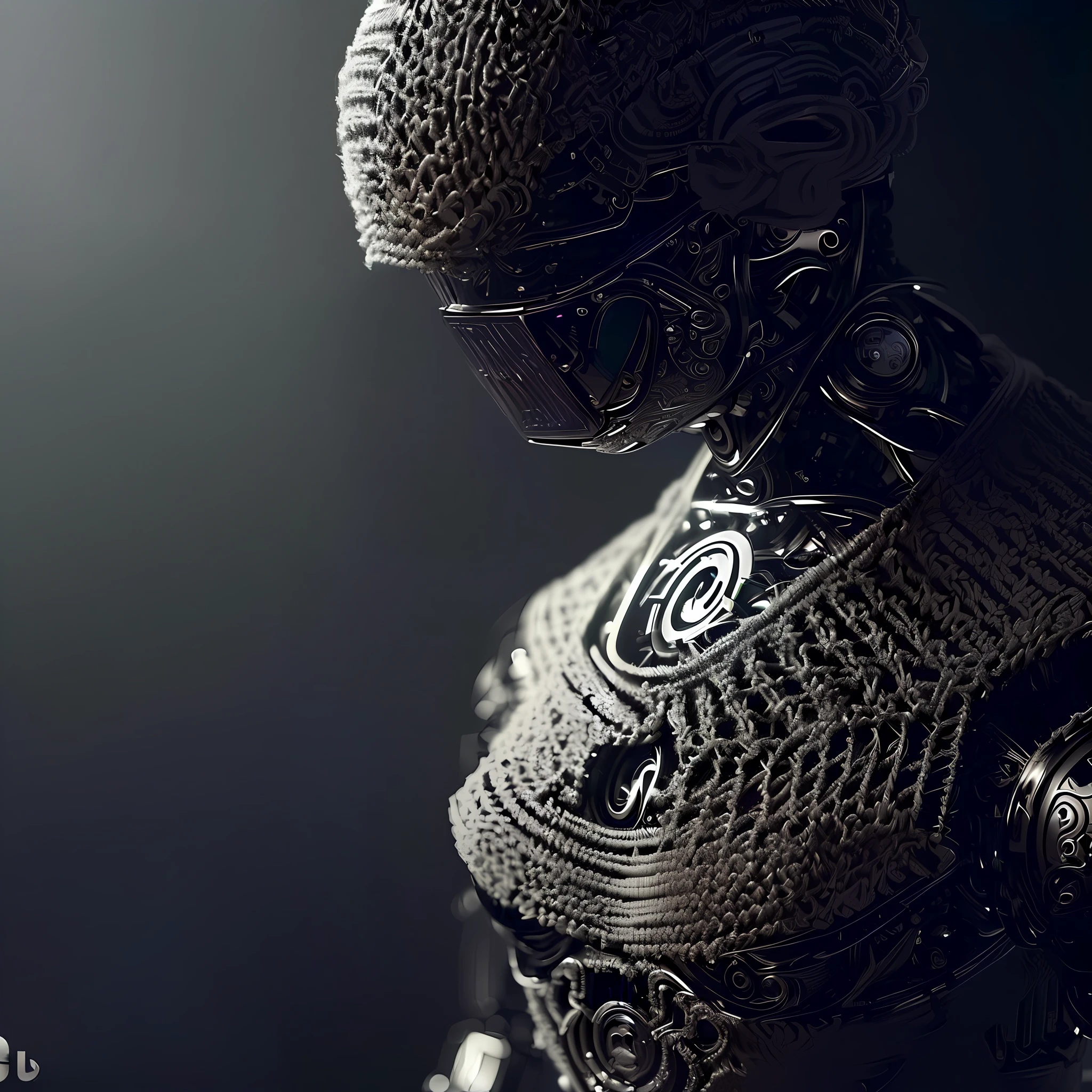 There's a black and silver robot with a crochet outfit and a chochet burrow, detailed humanoid, intricate cyborg, intricate artwork. octane render, intricate render 8k, intricate cyborg armor, intricate trans-human, futuristic robot body, intricate metal armor, dark but detailed digital art, intricate body, detailed portrait of a cyborg, cybernetic body, cybernetic and highly detailed, fashion photography, fashion