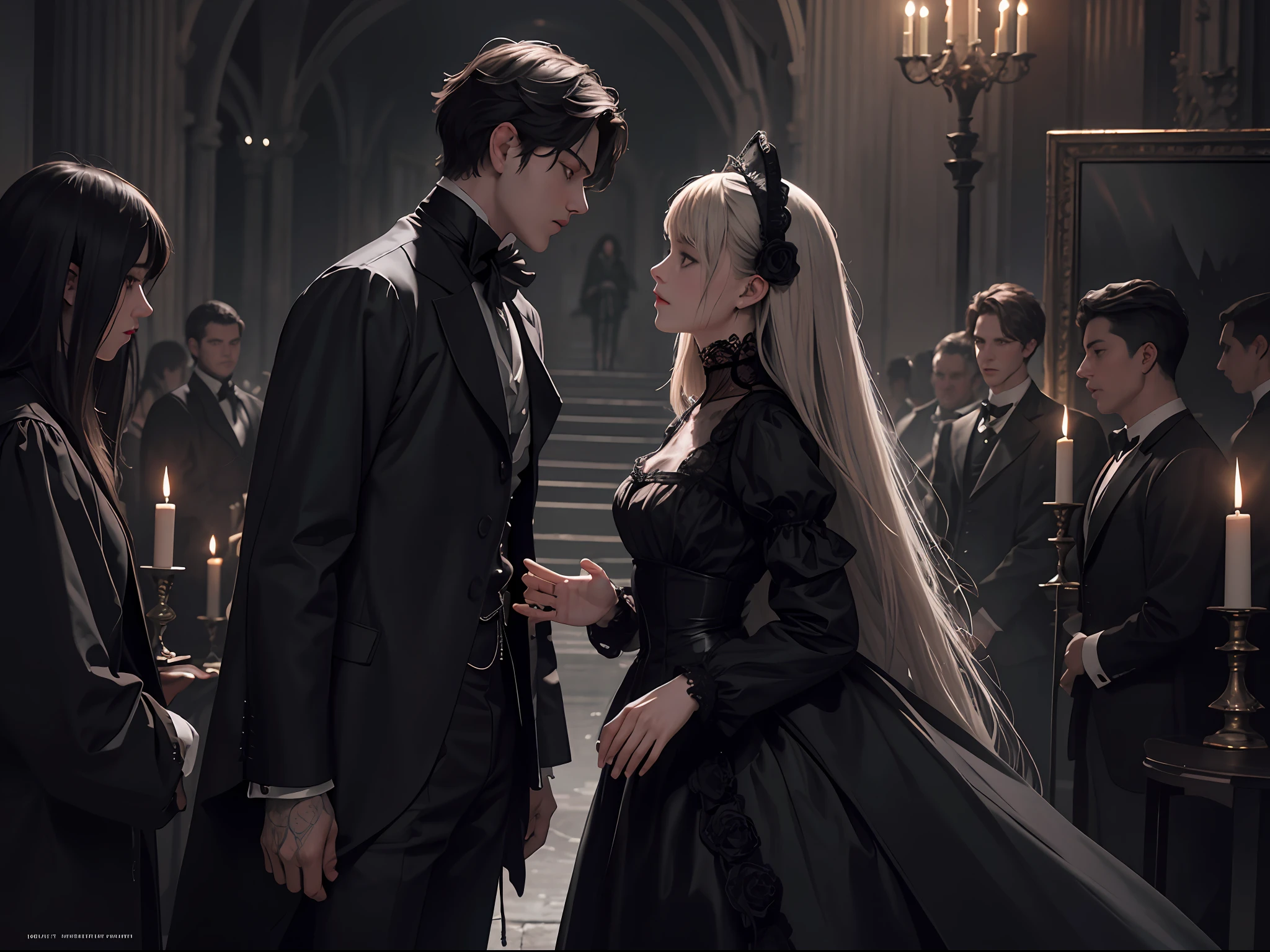 Official art, unity 8k wallpaper, super detailed, beautiful, beautiful, masterpiece, best quality,
darkness, atmosphere, mystery, romanticism, scary, literature, art, fashion, victorian, decoration, complexities, hardware, lace, contemplation, emotional depth, supernatural,
One boy, one girl, two people, Gothic style l, candlelight
