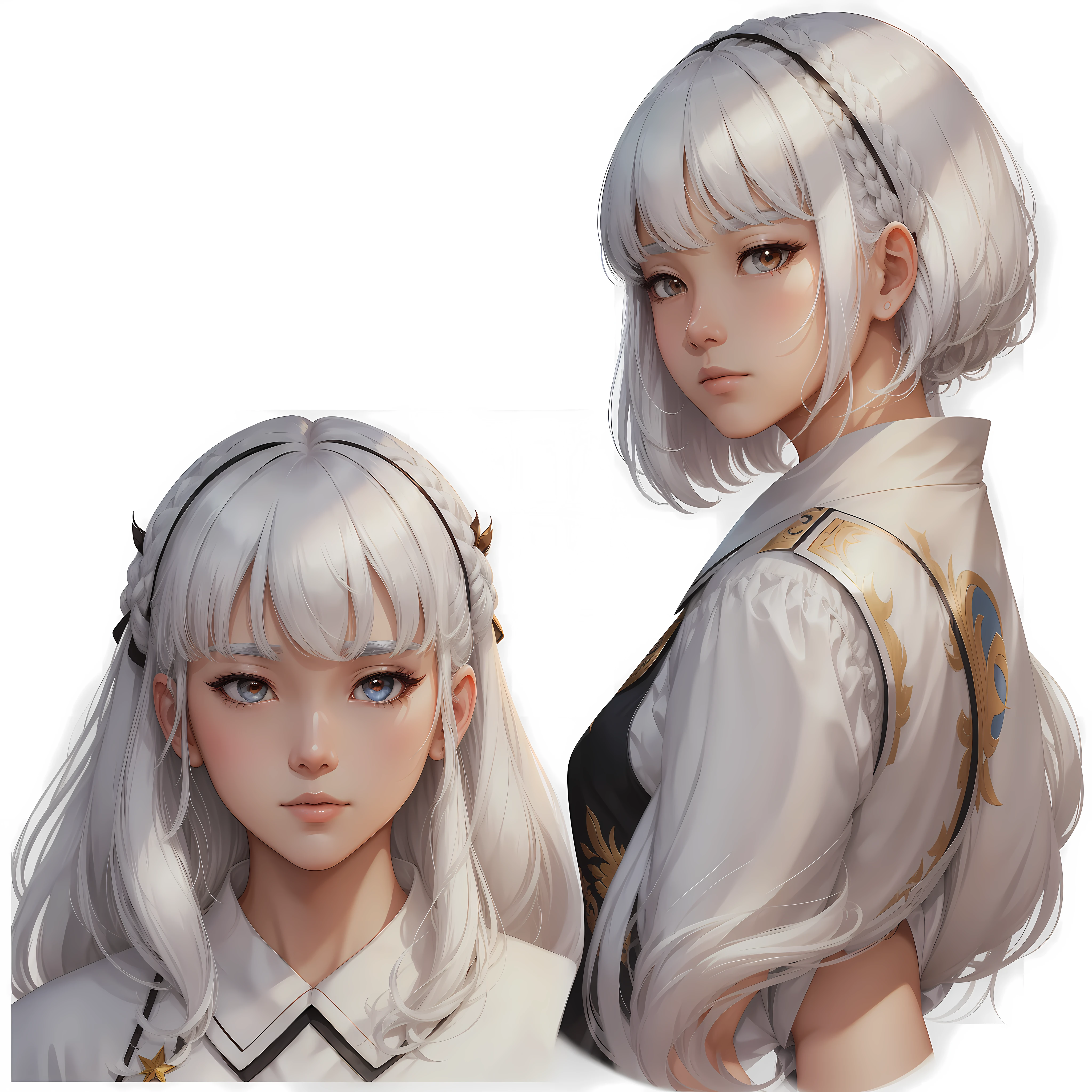 ((masterpiece)),((best quality)),(character design sheet, same character, front, side, back), illustration, 1 woman, white hair color, bangs, fax hairstyle, eyes, room change scene, Fax, Zitai pose, Female, Shangyi Shirt, Star, Charturnbetalora, (single background, white background: 1.3), --6 --auto --s2