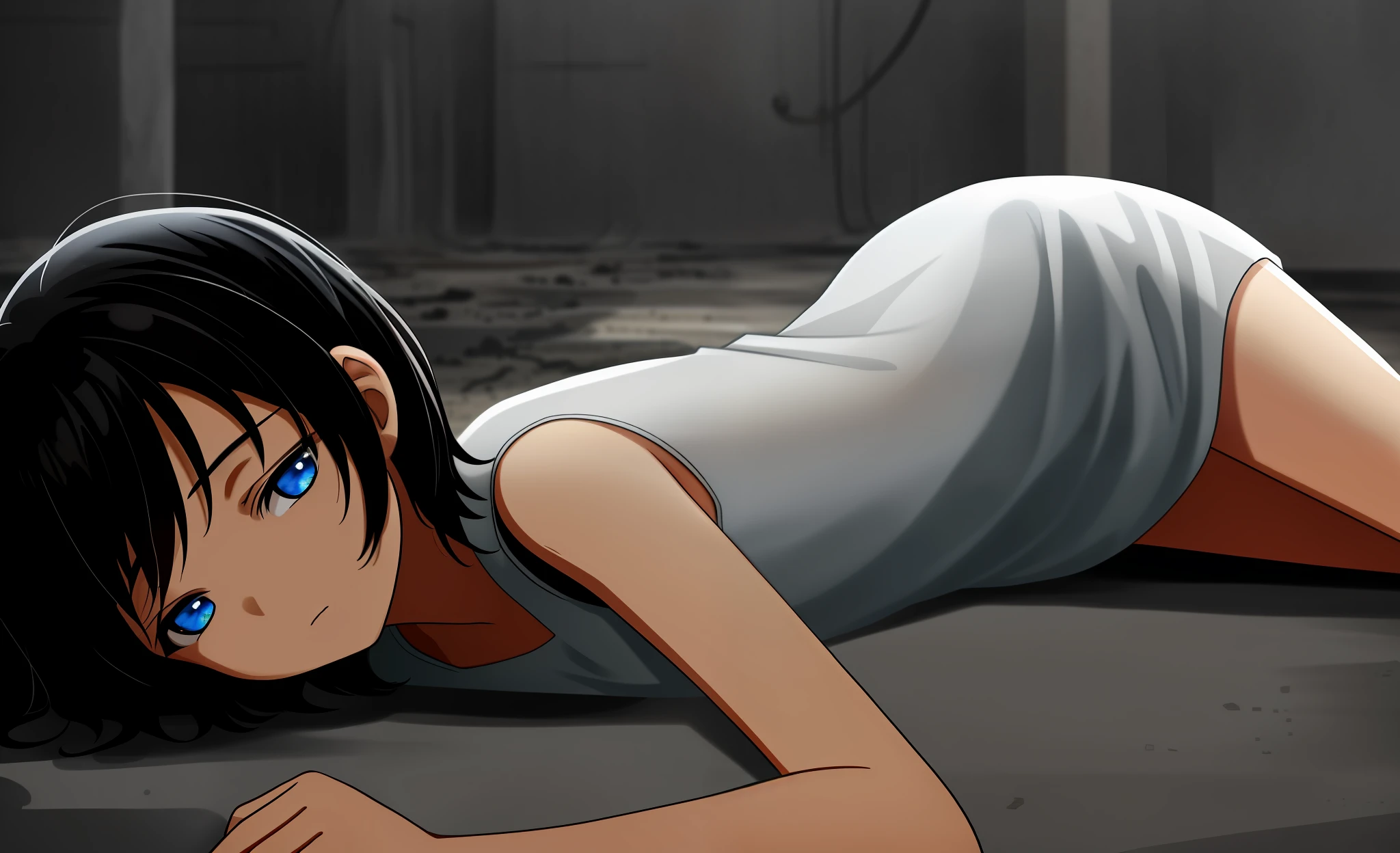 In a dark, dusty basement, a girl is lying quietly on the floor. She wears a simple short white dress and has short black hair. She's sleepy and her beautiful blue eyes half-open as if waking up, adding a touch of beauty to the gloomy surroundings.