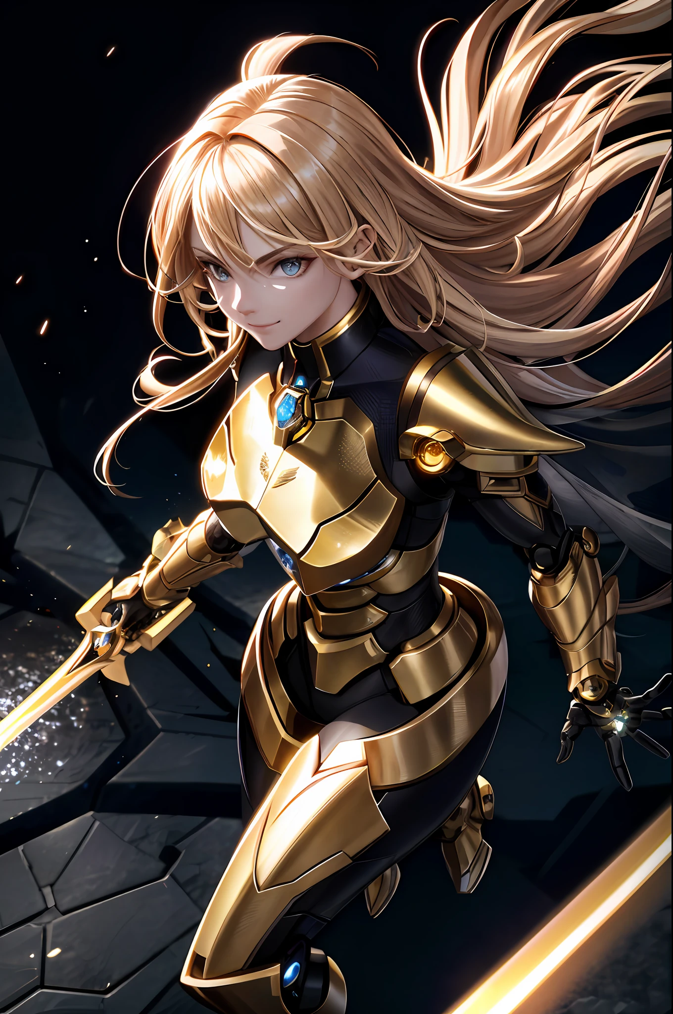 1 male, wearing golden armor that emits a dazzling light, holding a golden sword in one hand, (six cannons suspended in the air), blonde straight hair, dynamic hair, confident smile, cool eyes, (half side face), science fiction, movies, particles, octane rendering, strong, background bokeh, 85mm lens, full body, microchip, computer, glossy, complex mech, detail, official art, masterpiece, sharp focus, (masterpiece, best quality)), illustration, super detailed 8K, realistic, clear focus, highly detailed, professional lighting, colorful details, epic landscapes