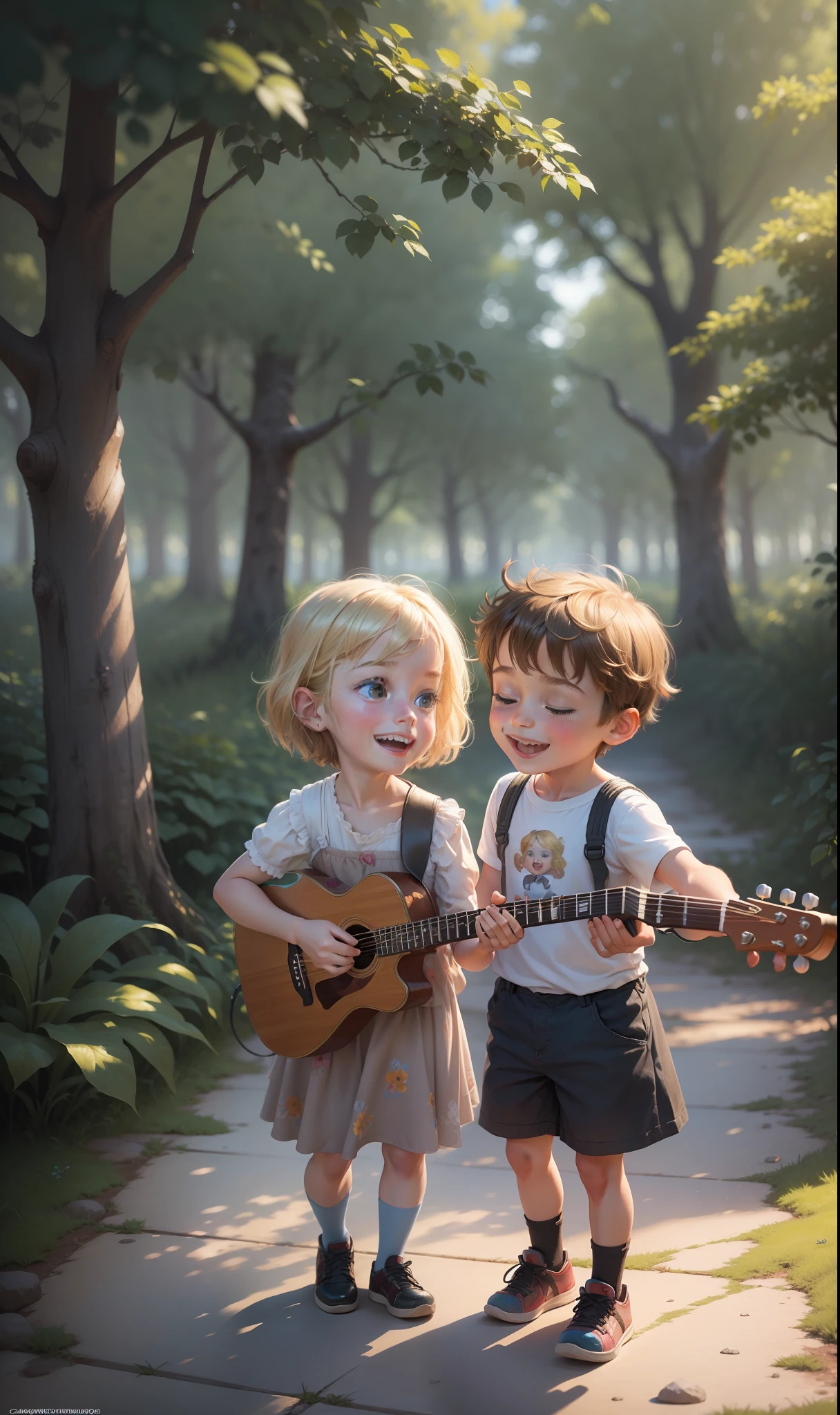 painting of two children looking at each other, a blonde girl and a brown-haired boy, cheerful, happy, looking at each other with a look of brotherhood, love, boy playing guitar in a forest, 3d drawing of friends, by Craig Davison, by Elaine Hamilton, playing little viola, by Orshi Drozdik, in the style of movie Shrek, animated film still, 3D animated film still, digital painting disney pixar adorable, by Eugeniusz Zak, cute art, by Nándor Katona, masterpiece, high quality. --auto --s2