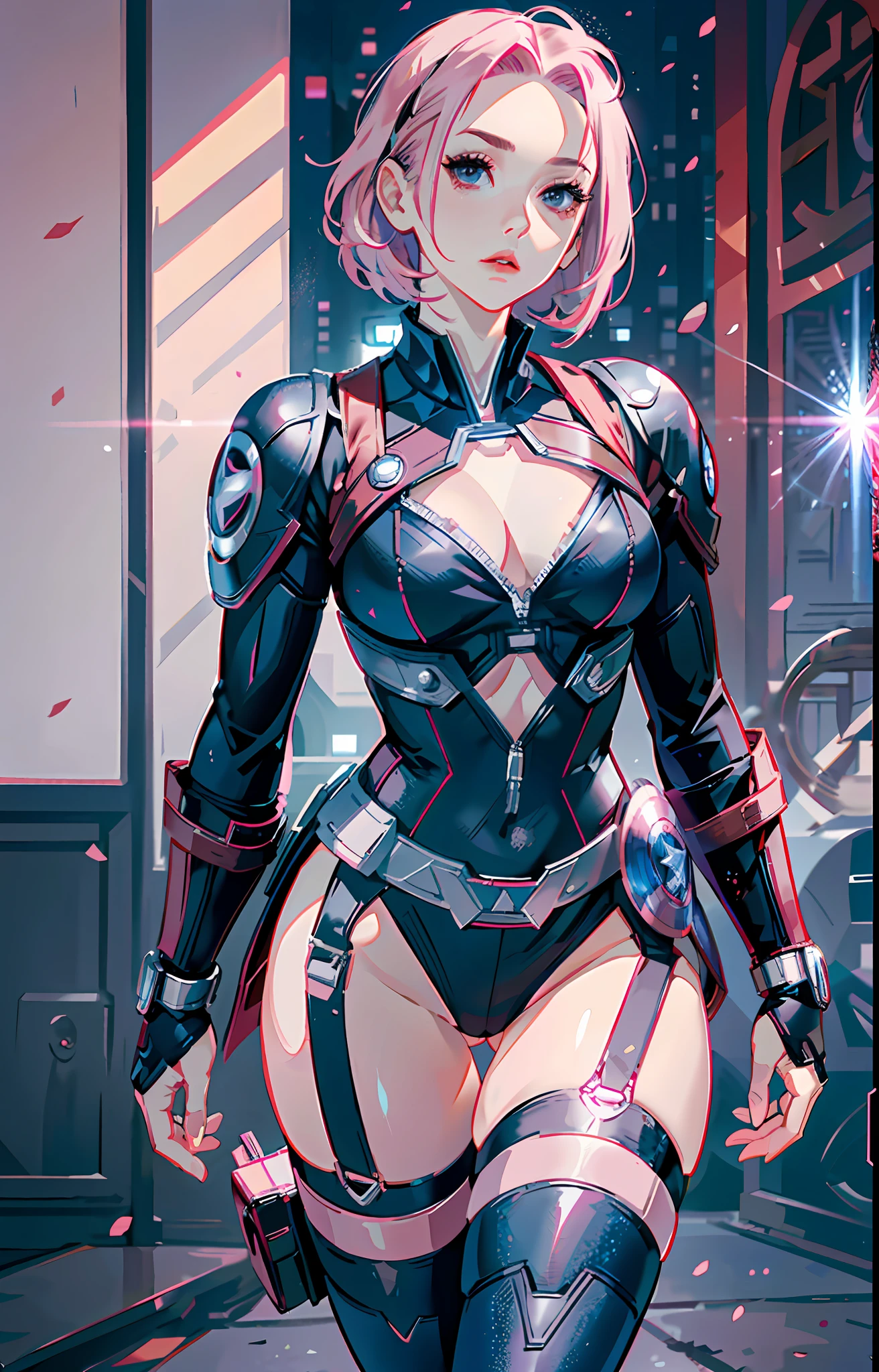 Sakura haruno, cosplayer of Captain America ((solo)), alone, ((forehead the show)), elegant,wearing Captain America uniform, (black widow), pink hair, delicate, young, short hair, detailed face, high definition, ((full body)), (secret mission), full body, ((Avengers)), she is a secret agent, wears nothing in her hair, wears a shield, superheroine