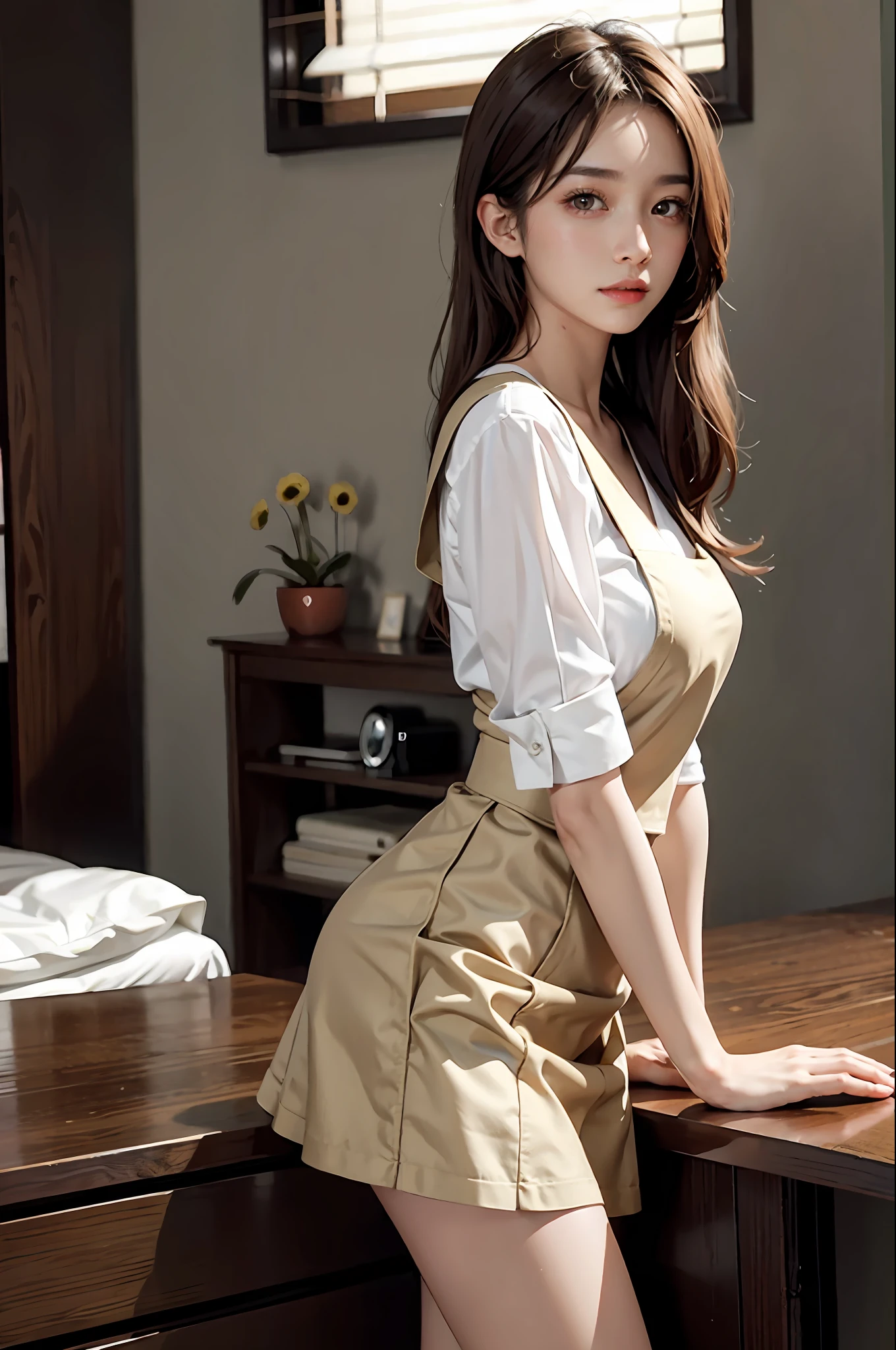 Masterpiece, best picture quality, one beautiful girl, detailed eyes, swollen eyes, brown hair, long hair, fair skin, cute, cute legs, short skirt, Japanese woman, Asian beauty, moonlight, strong eyes, professional lighting, bright lighting, double eyelids, slender, Japanese woman, Asian beauty, short skirt, smile, sweat, fresh, apron, in room, looking front, close-up,