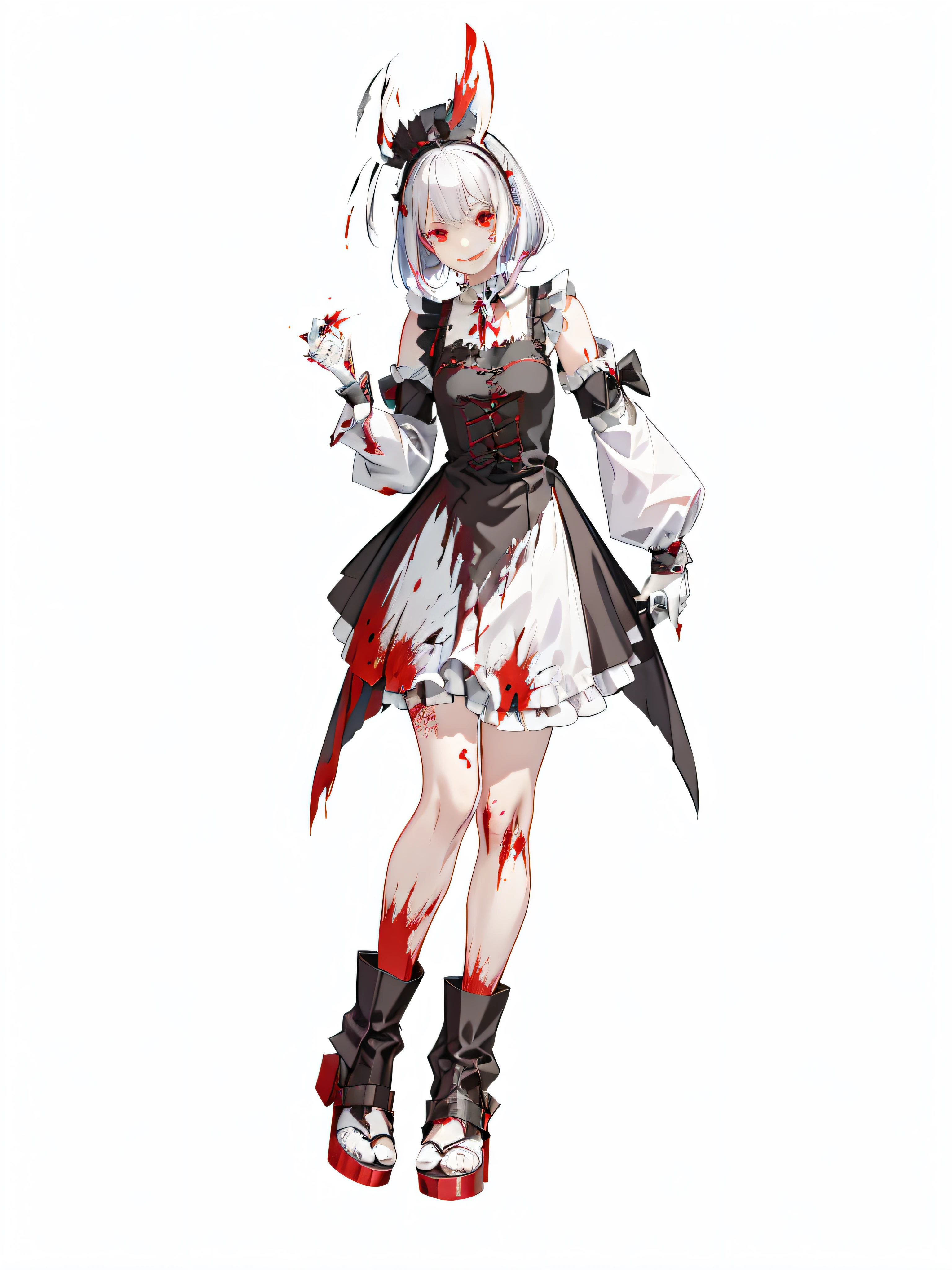 anime character dressed in a bloody costume with a knife and blood splattered on her face, bloody + concept art, gapmoe yandere grimdark, gapmoe yandere, yandere, yandere. tall, rem rezero, gothic maiden anime girl, in an apron covered in blood, shalltear bloodfallen, yandere intricate, demon anime girl