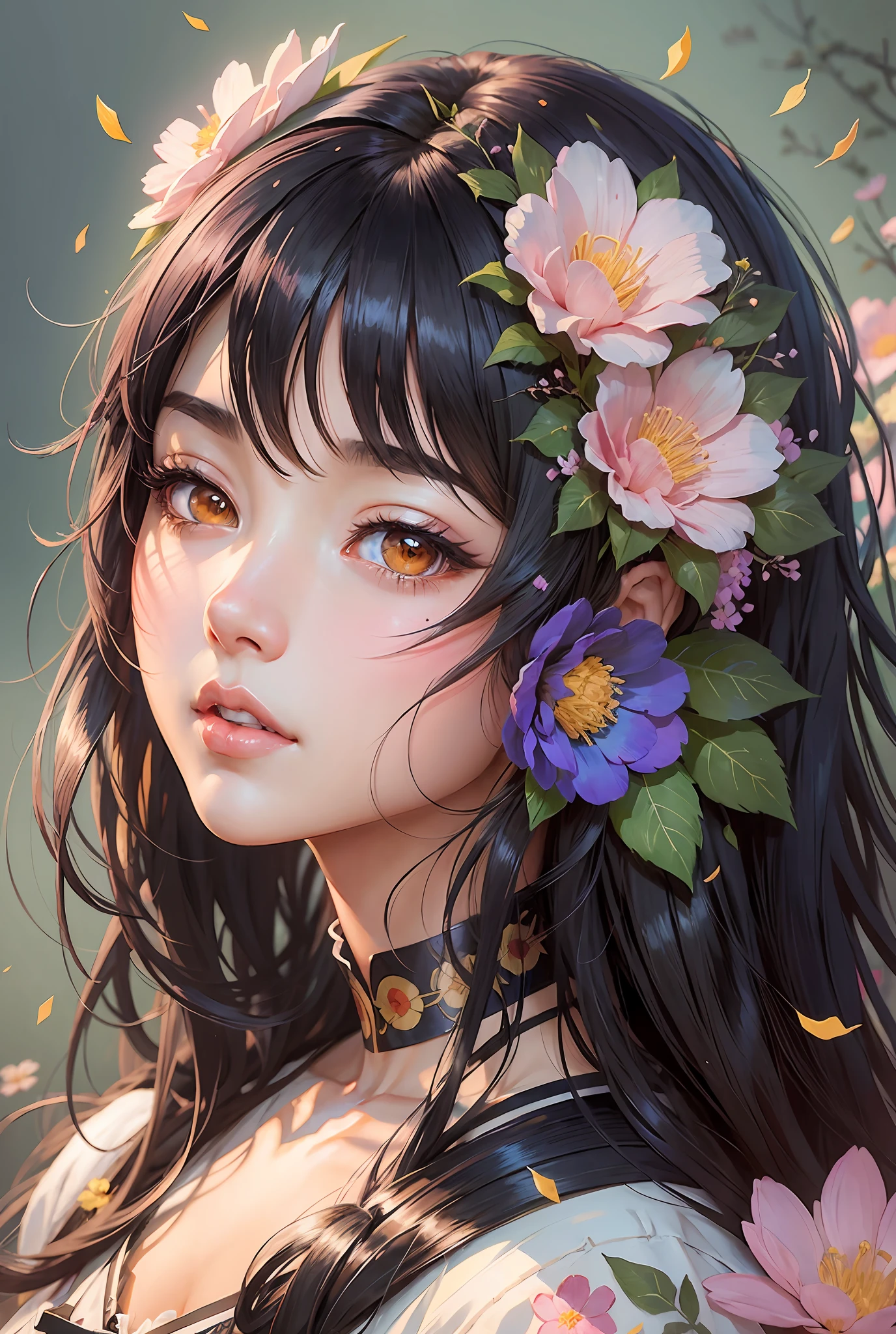 anime girl with black hair and flowers in her hair, artwork in the style of guweiz, extremely detailed artgerm, artgerm portrait, detailed portrait of anime girl, artgerm. anime illustration, artgerm. high detail, beautiful anime portrait, by Yang J, guweiz, stunning anime face portrait, rossdraws portrait --auto --s2