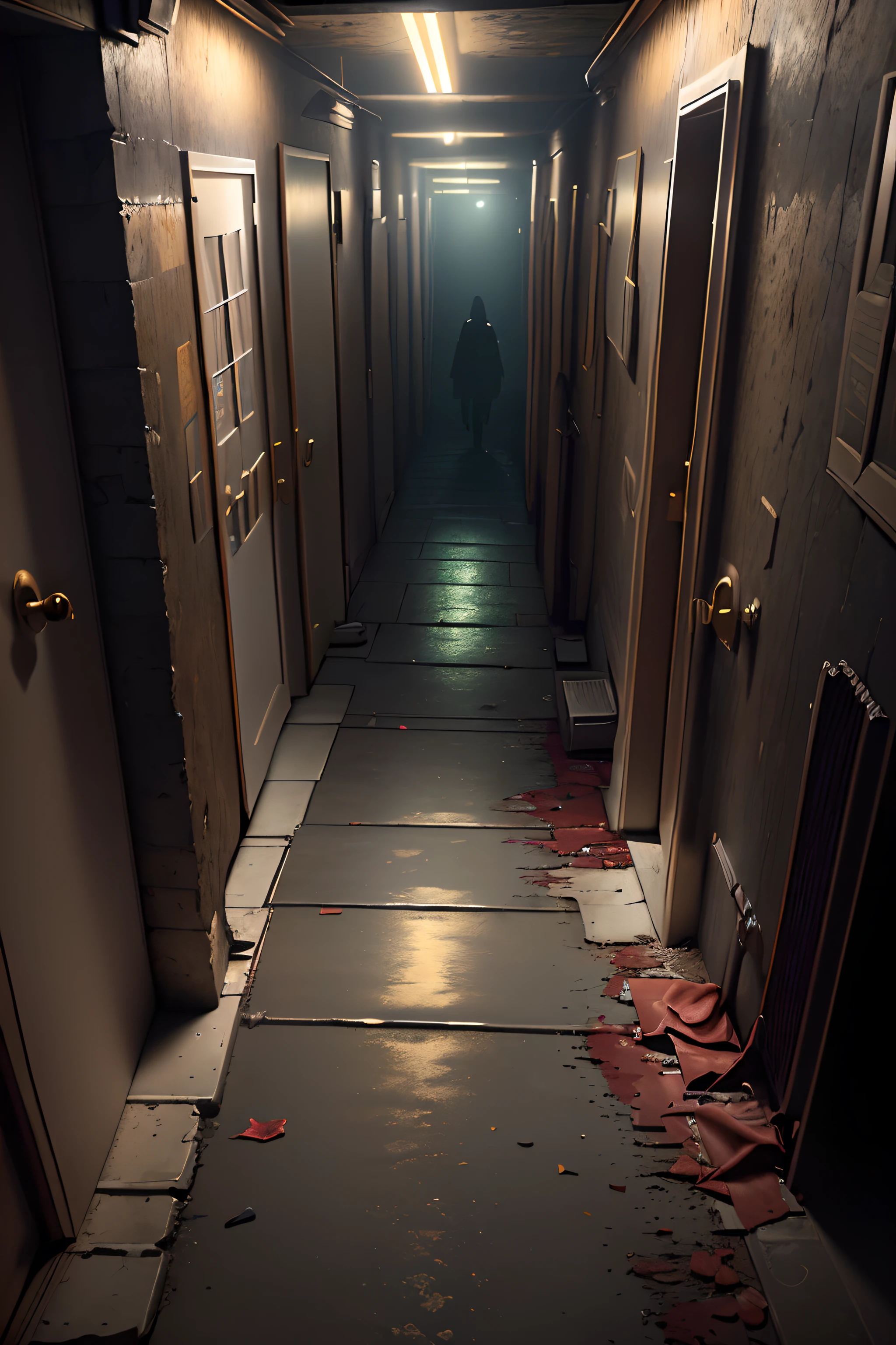 masterpiece, best quality, (extremely detailed CG unity 8k wallpaper), (best quality), (best illustration), (best shadow), Night, Moonlight, a zombie with long white hair, all over, in a narrow corridor, dark and humid, deep shadows, mottled walls, bloody terror, a murderous atmosphere, broken bodies, exposed viscera, photo level, writing realistic light and shadow, depth of field, HDR 8K, true light, cinematic stills, horror movies