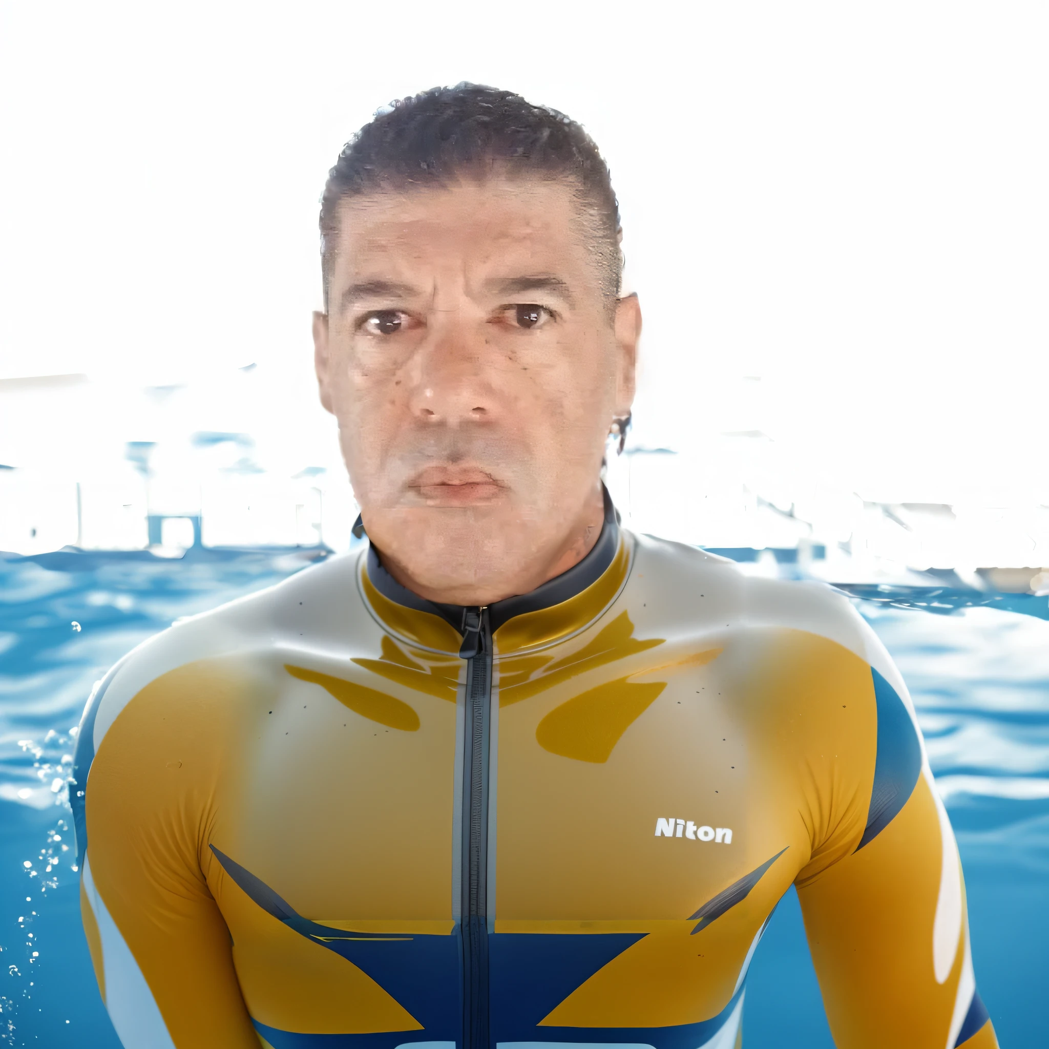 insert and corrgir the image with a background of the image a bleachers for population to watch and cheer for the sport of swimming, inside an aquatic club, athlete of olimpico pool, image with maximum reality.piscina ollimpica
