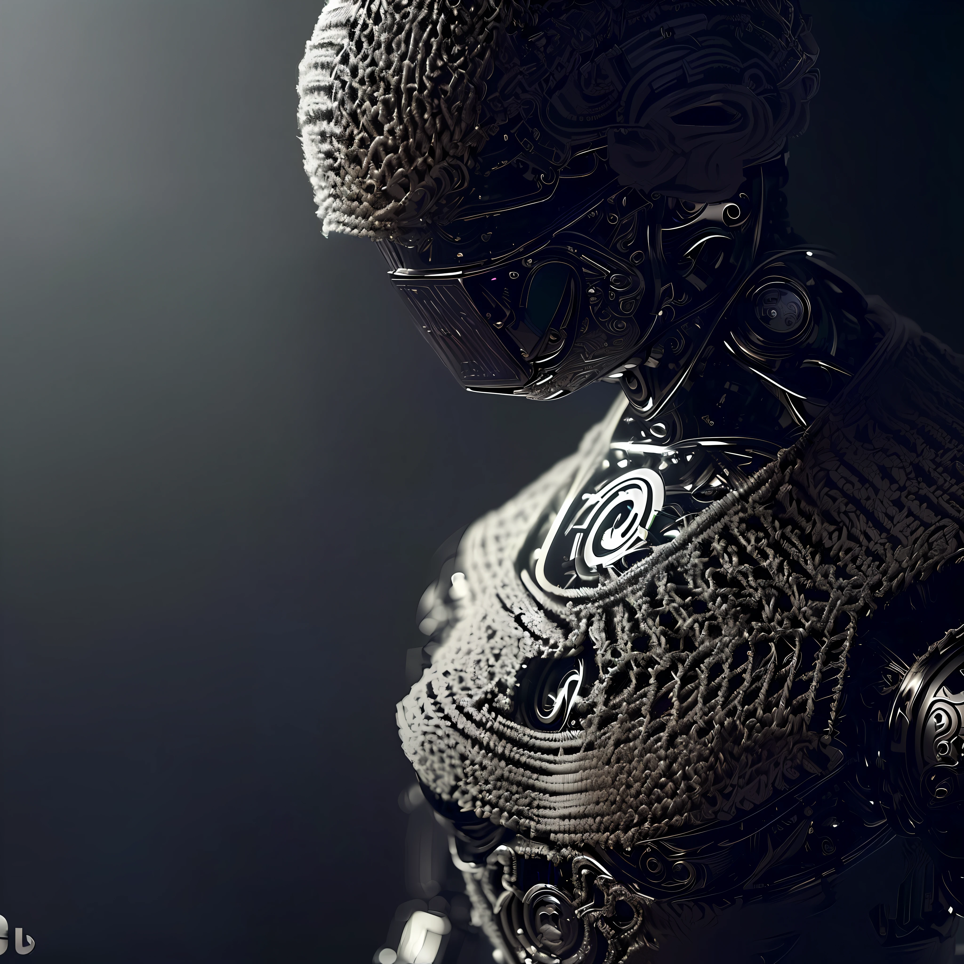 There's a black and silver robot with a crochet outfit and a chochet burrow, detailed humanoid, intricate cyborg, intricate artwork. octane render, intricate render 8k, intricate cyborg armor, intricate trans-human, futuristic robot body, intricate metal armor, dark but detailed digital art, intricate body, detailed portrait of a cyborg, cybernetic body, cybernetic and highly detailed, fashion photography, fashion