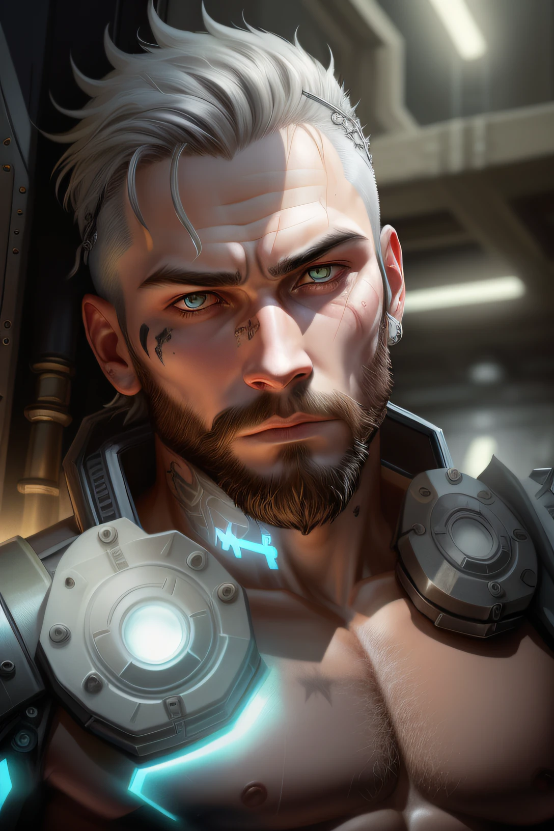 A cybernetic viking man in the range of 27 years old, barbaric muscular stereotype, with Viking wolf fur coat (Viking mechanical parts: 1.5), fighting, gloomy bright eyes, short hair, tight supersuit torn, in a destroyed city, smoke and fire, aura of brilliant power, dynamic pose, dynamic vision, hyper detailed, 8k quality, with tattoo on the arm, Clock of thorns in the chest and in the headset, merge images, hyper realism. Enjoy original photo base, mechanical and human bust with Viking coat of arms thorns. With gray goatee and gray hair, blood dripping down his face.