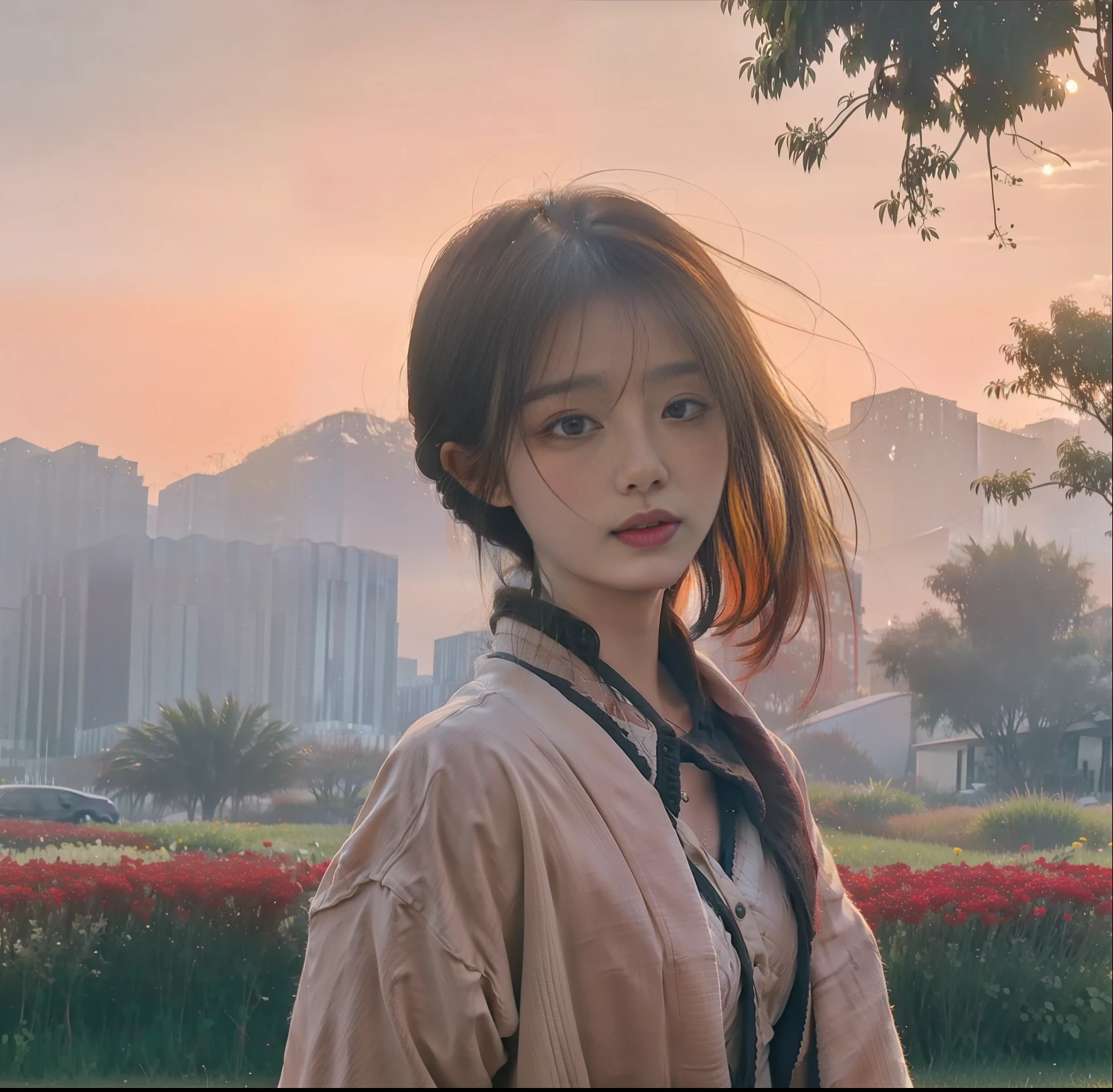 Vast landscape photos, (from below, the sky above, open fields below), a girl standing on a flower field looking up, (Full Moon: 1.2), (Meteor: 0.9), (Nebula: 1.3), Distant Mountains, Trees BREAK Making Art, (Warm Light Source: 1.2), (Firefly: 1.2), Lights, Lots of Purple and Orange, Intricate Details, Volume Lighting BREAK (Masterpiece: 1.2), (Best Quality), 4K, Ultra Detailed, (Dynamic Composition: 1.4), Detailed, Colorful, (Iridescent: 1.2), (Glow, Atmospheric Lighting), Dreamy, Magical, (Solo: 1.2), Slip Dress, Hanfu