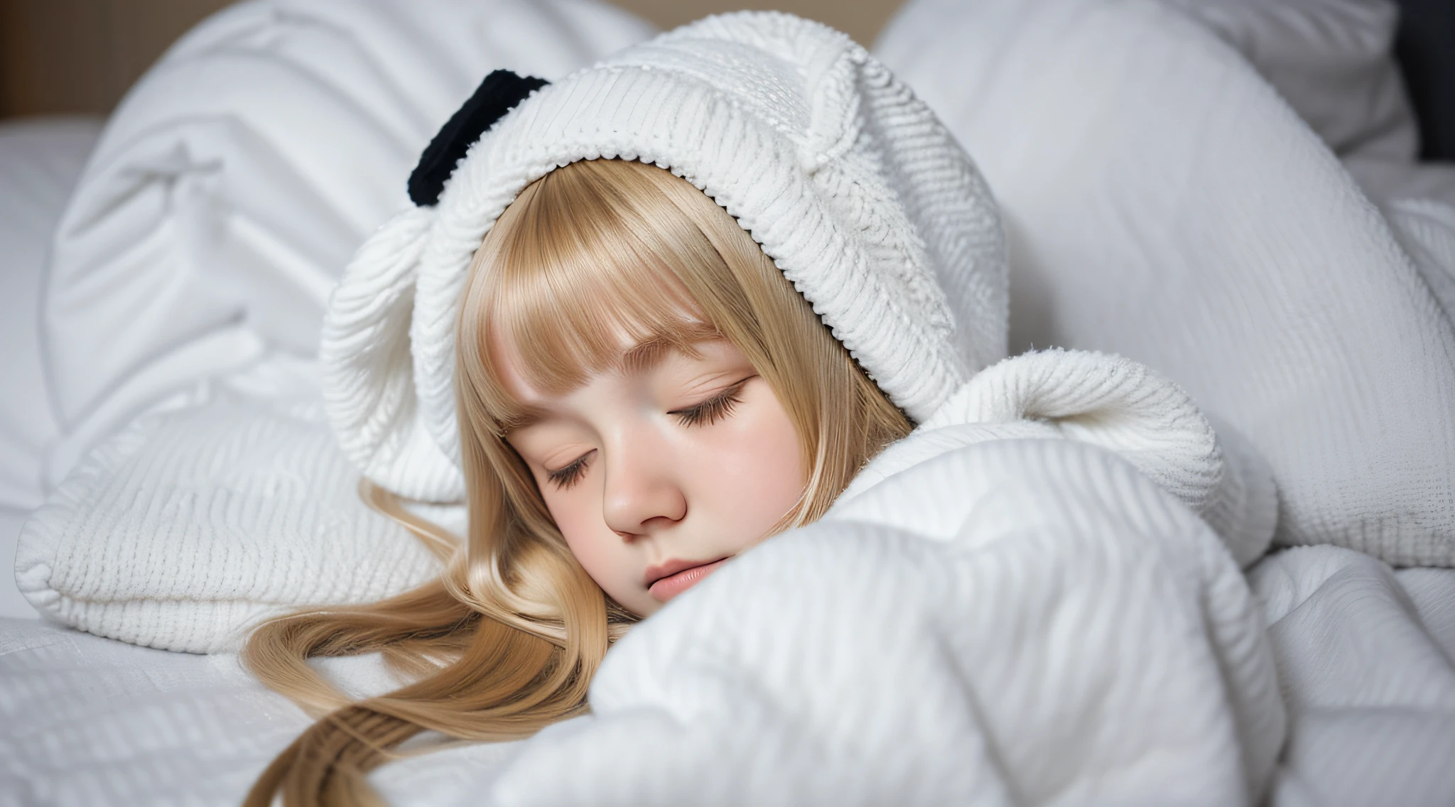blond girl with long hair wearing a white sweater and black ear muffs, sleepy fashion model face, sleepy, sick with a cold, cold freezing nights, girl,  girl, a cold, cut, cold, sad, fluffy bangs, cute young girl, young teen, kids, cute girl, lolicute, cold scene, teenager girl, asleep