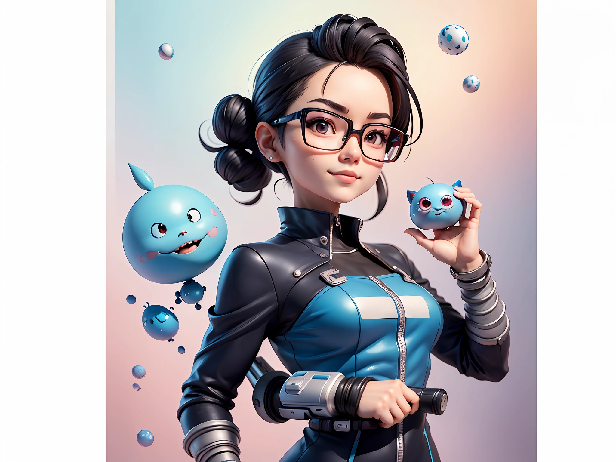 Masterpiece), (Excellent), (Super Meticulous), (Full Body: 1.2), Super Young Woman, Beautiful, Sexy, Bursting, Oriental Face, TV Anchor, Bust Portrait Illustration, Alone, Black Suit, Blue Tie, Silver Glasses, Slightly Chubby Face, Very Clean Face, No Beard, Black Super Short Hair, Black Eyes, Confident Smile, 3c Computer Sub-Products, iPad, iPhone, Digital Painting, 3D Character Design by Akira Toriyama with Mark Claireden and Pixar and Hayao Miyazaki, The illustration is a high-definition illustration in 4K resolution with very detailed facial features and cartoon-style visuals.