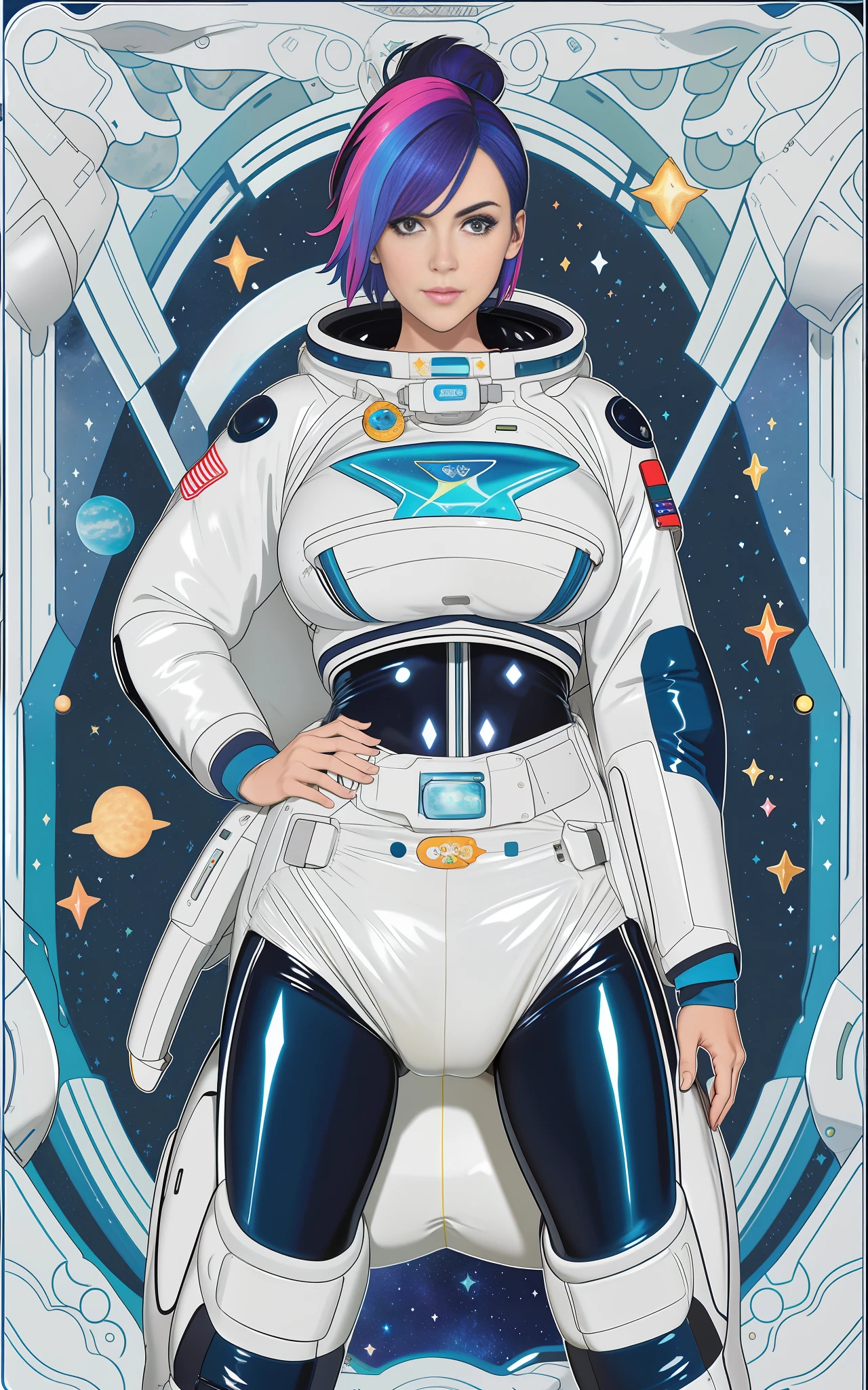 (Sexy) busty girl wearing (huge comfy diaper), (space suit), floating in outer space, colorful, detailed, huge breasts, wide hips, seductive, bokeh, (latex), starfield background, rainbow hair, artistic style, cleavage