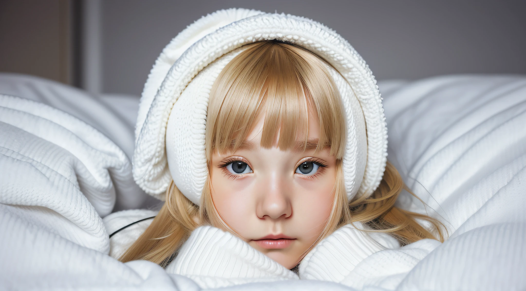 blond girl with long hair wearing a white sweater and black ear muffs, sleepy fashion model face, sleepy, sick with a cold, cold freezing nights, girl, girl, a cold, cut, cold, sad, fluffy bangs, cute young girl, young teends, cute girl, loli, cucold scene, teenager girsleep