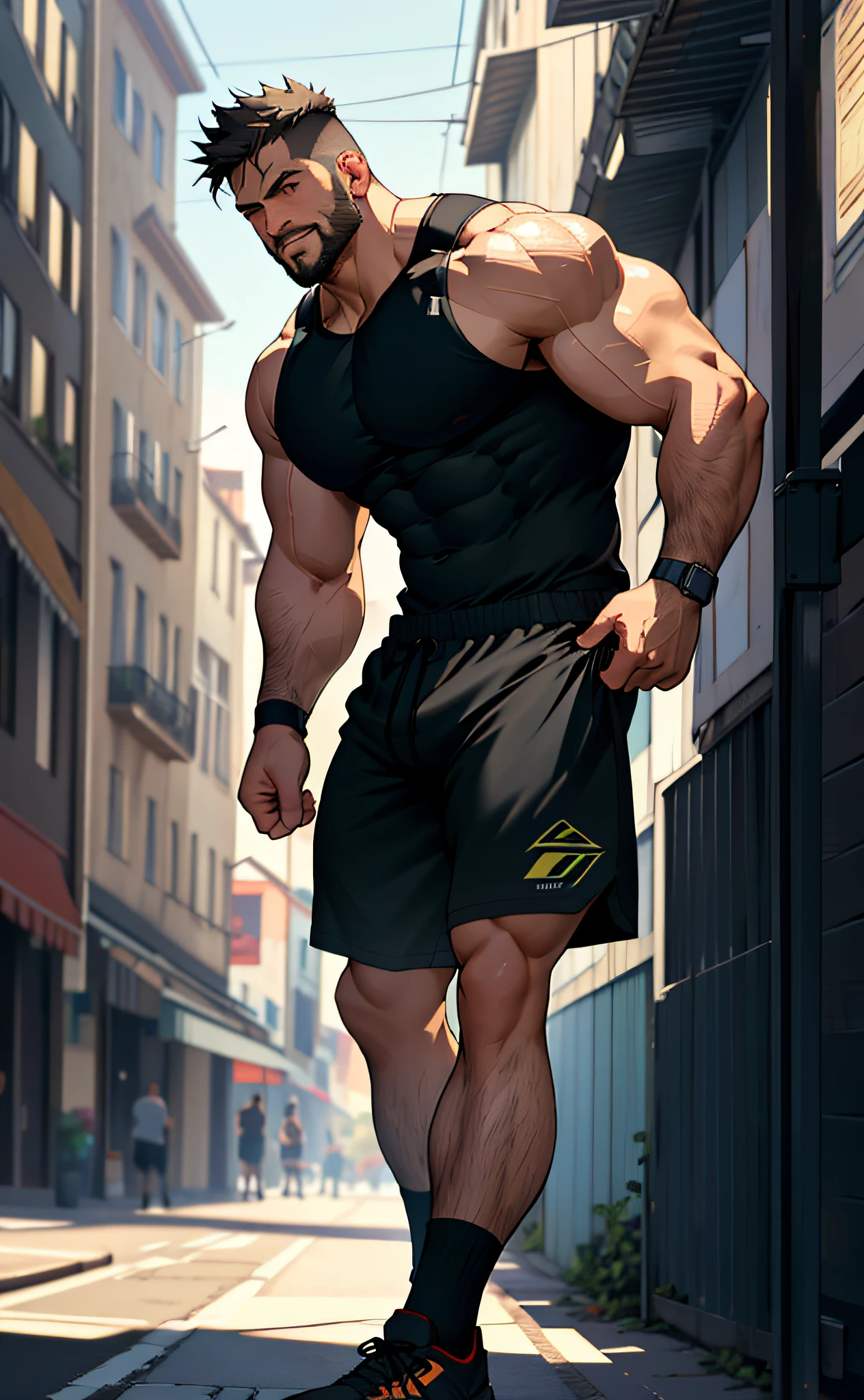 Muscular, bare top, black shorts, black socks, best quality, masterpiece, super high resolution, detailed background, realism, illustrations, single, 1 boy, street, muscle, volumetric lighting, depth of field, hair, fitness trainer