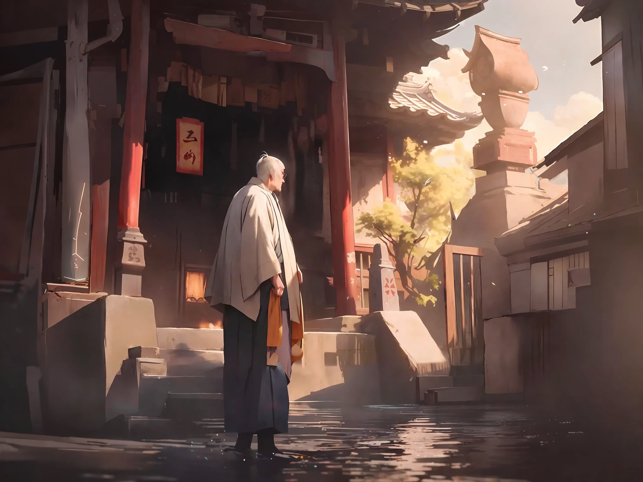 anime scene of a man in a kimono standing in front of a building, makoto sinkai, akihiko yoshida. unreal engine, style of raphael lacoste, rossdraws global illumination, andreas rocha style, karl spitzweg. unreal engine, james gurney cinematic lighting, guweiz, very detailed cinematic, atey ghailan 8 k