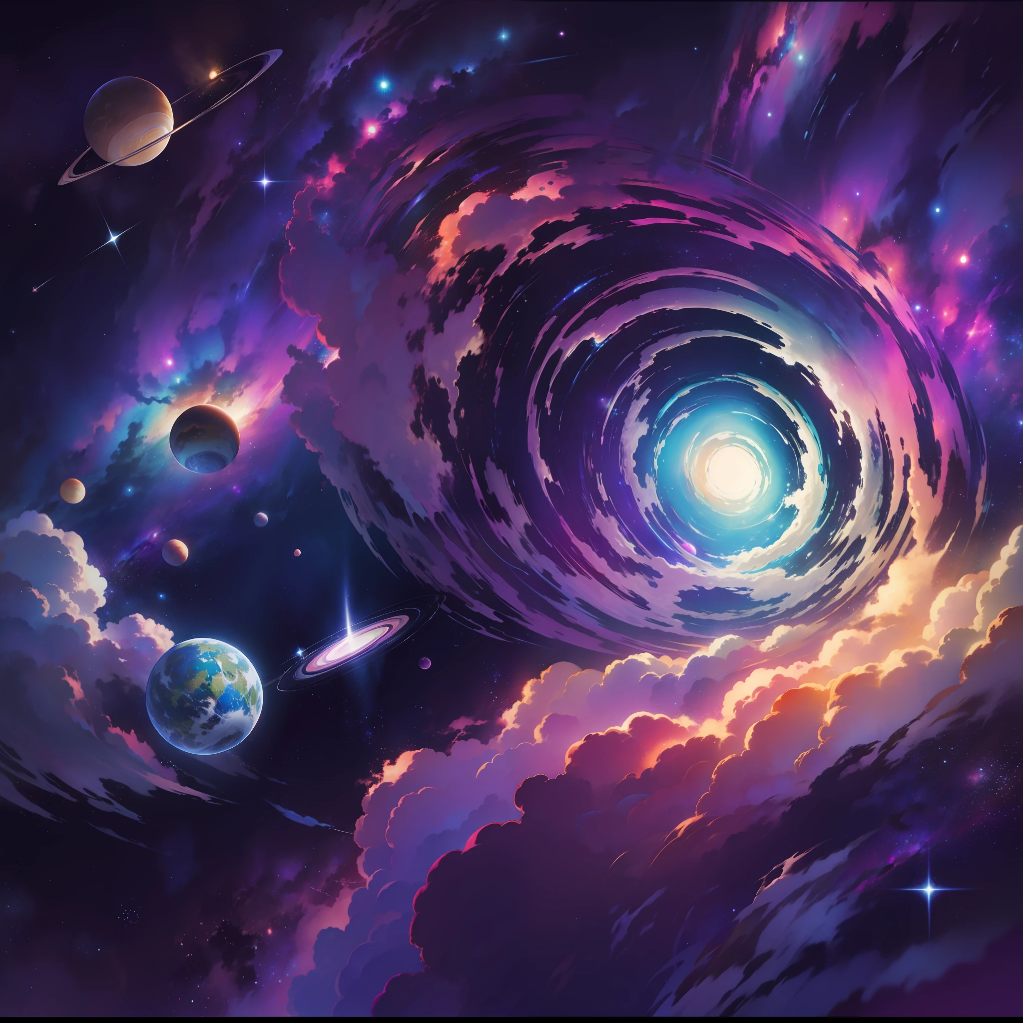 galaxy, planets, clouds, lights, psychedelics, psychedelia