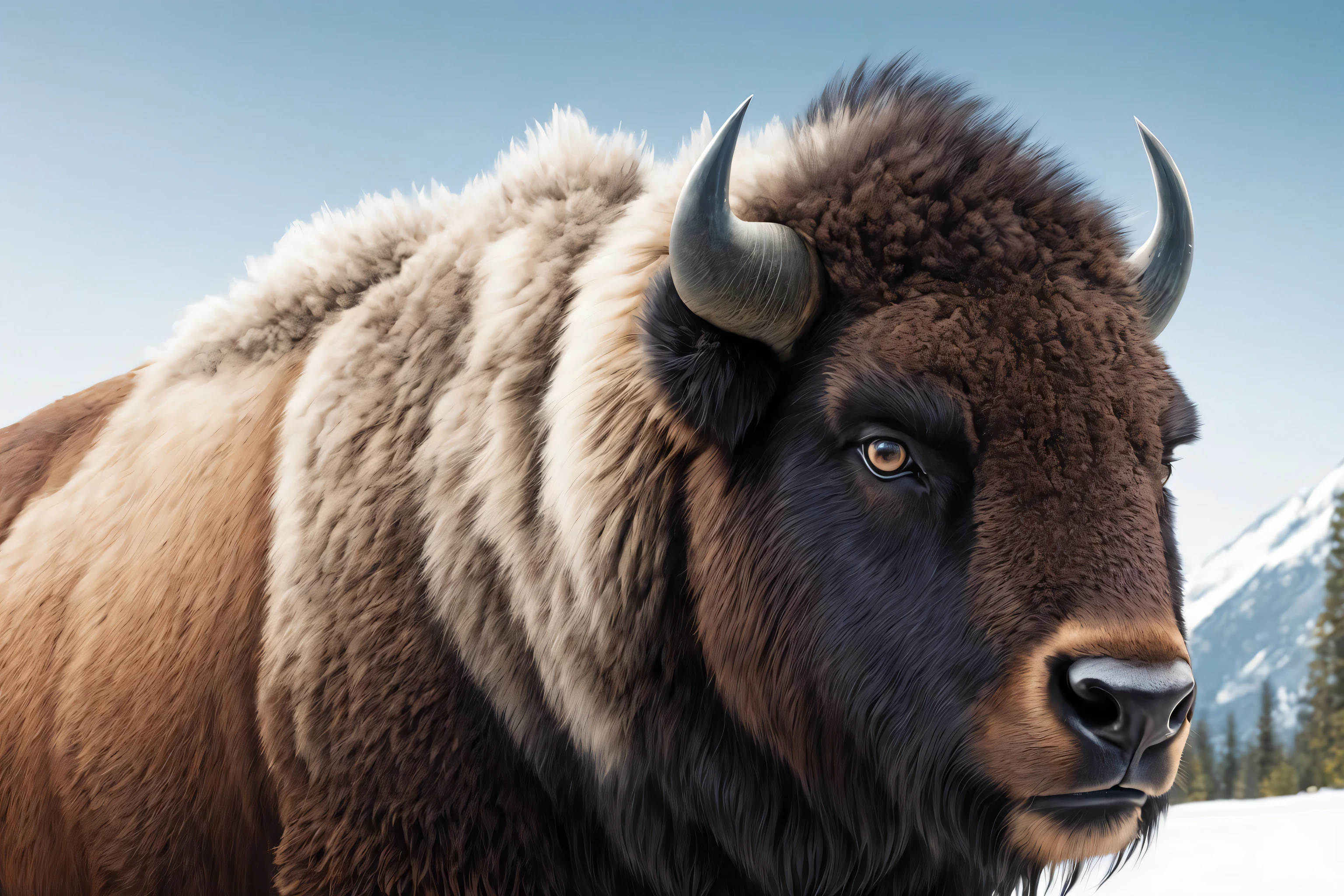 bison, (realistic fur, detailed fur texture:1.2), detailed background, wilderness background, photorealistic, hyperrealistic, ultradetailed, professional photography