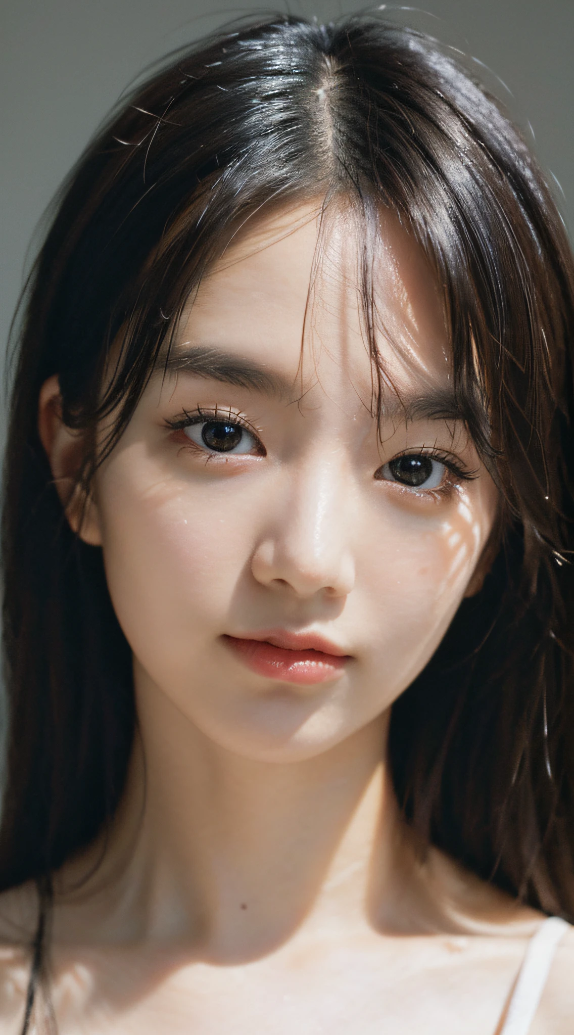 Best quality, masterpiece, super high resolution, (realistic: 1.4), original photo, wallpaper, head photo, skin, simple background, black eyes, detail, eye closeup
