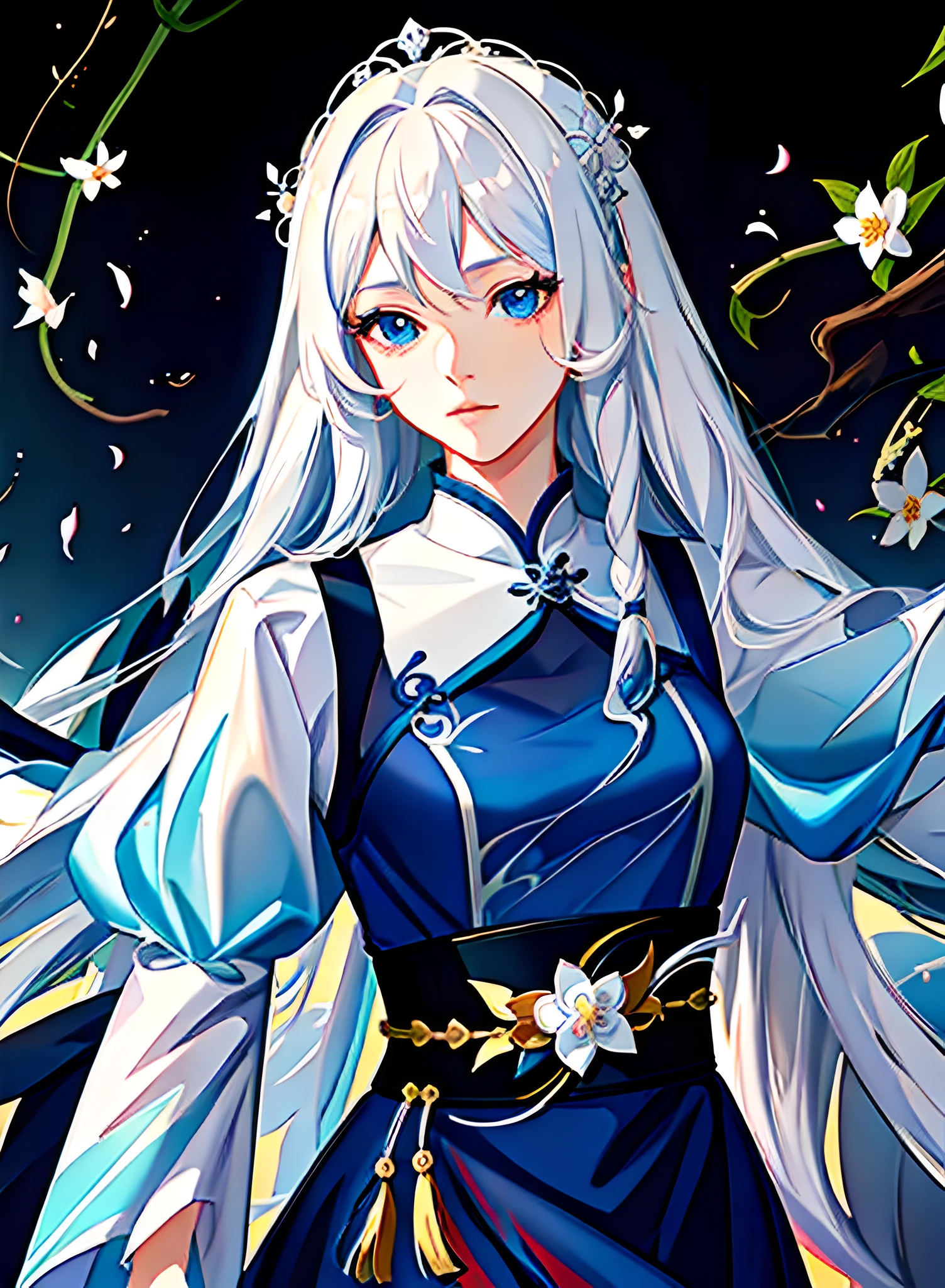 anime girl with long white hair and blue dress with flowers, white haired deity, beautiful anime portrait, digital anime illustration, anime style 4 k, beautiful anime girl, beautiful anime artwork, palace , a girl in hanfu, girl with white hair, anime styled digital art, guweiz on pixiv artstation, portrait anime girl, anime art wallpaper 8 k --auto --s2