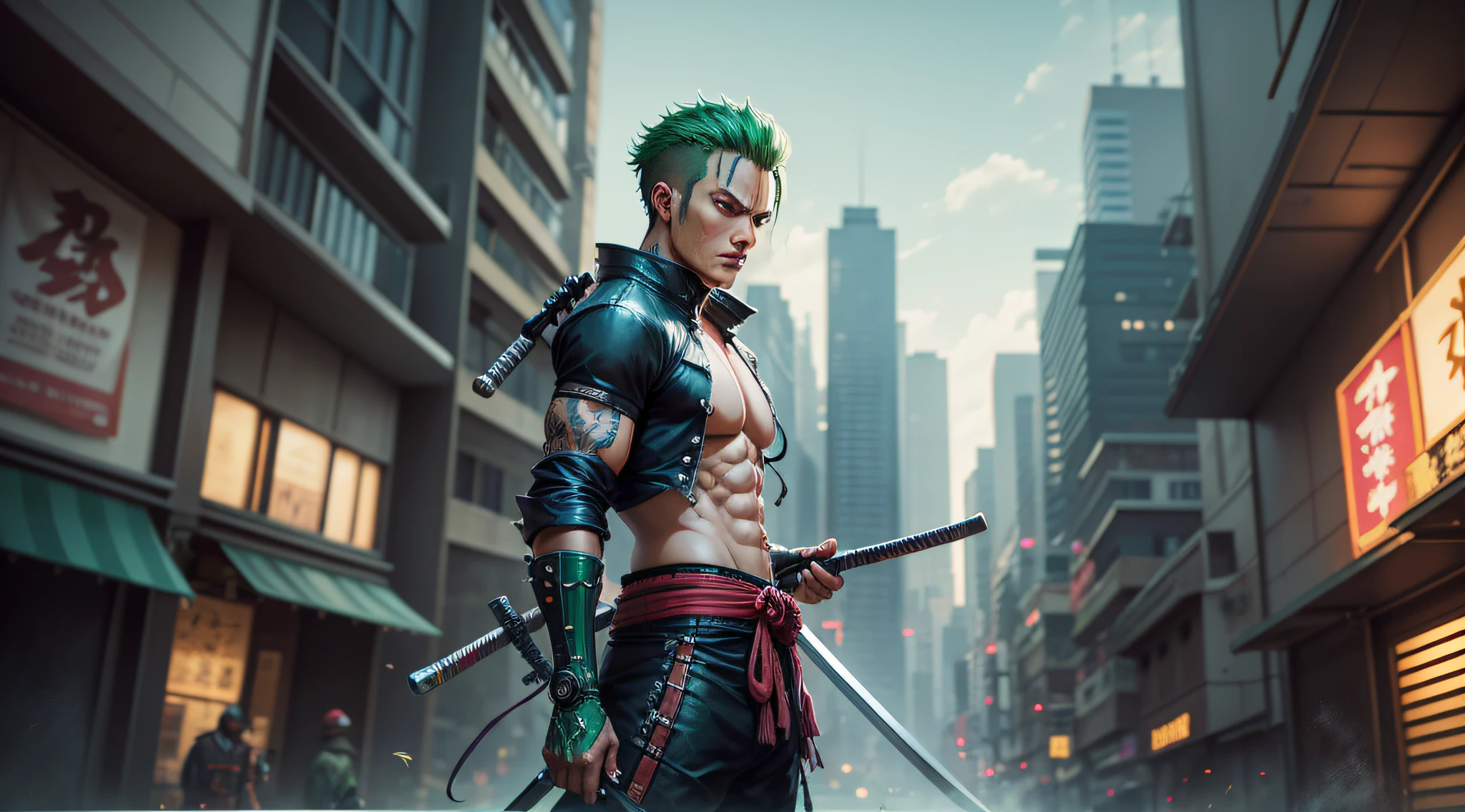 Zoro from One Piece with three swords in a city, kinomo samurai, green kinomo, urban samurai, anime badass 8 k, street samurai, wojtek fus, hyper-realistic cyberpunk style, cyberpunk art style --auto --s2