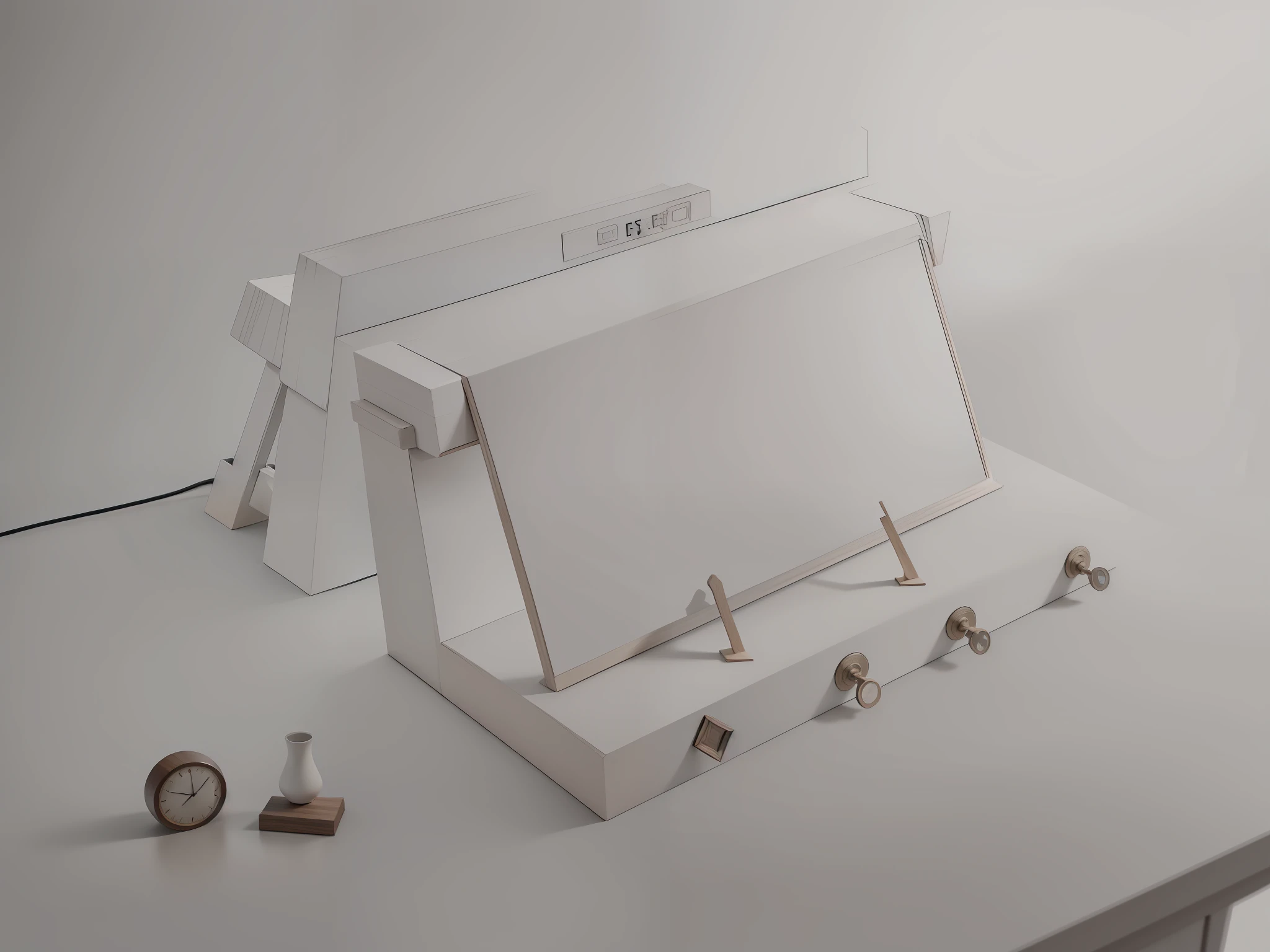 The wooden shelf is colored, the embedded smart clock is colored, the top built-in table lamp is colored, the lower left wooden iron stone medallion is colored, the shelf is tenon and tenon connected, and the upper groove can be used to place small items --auto --s2