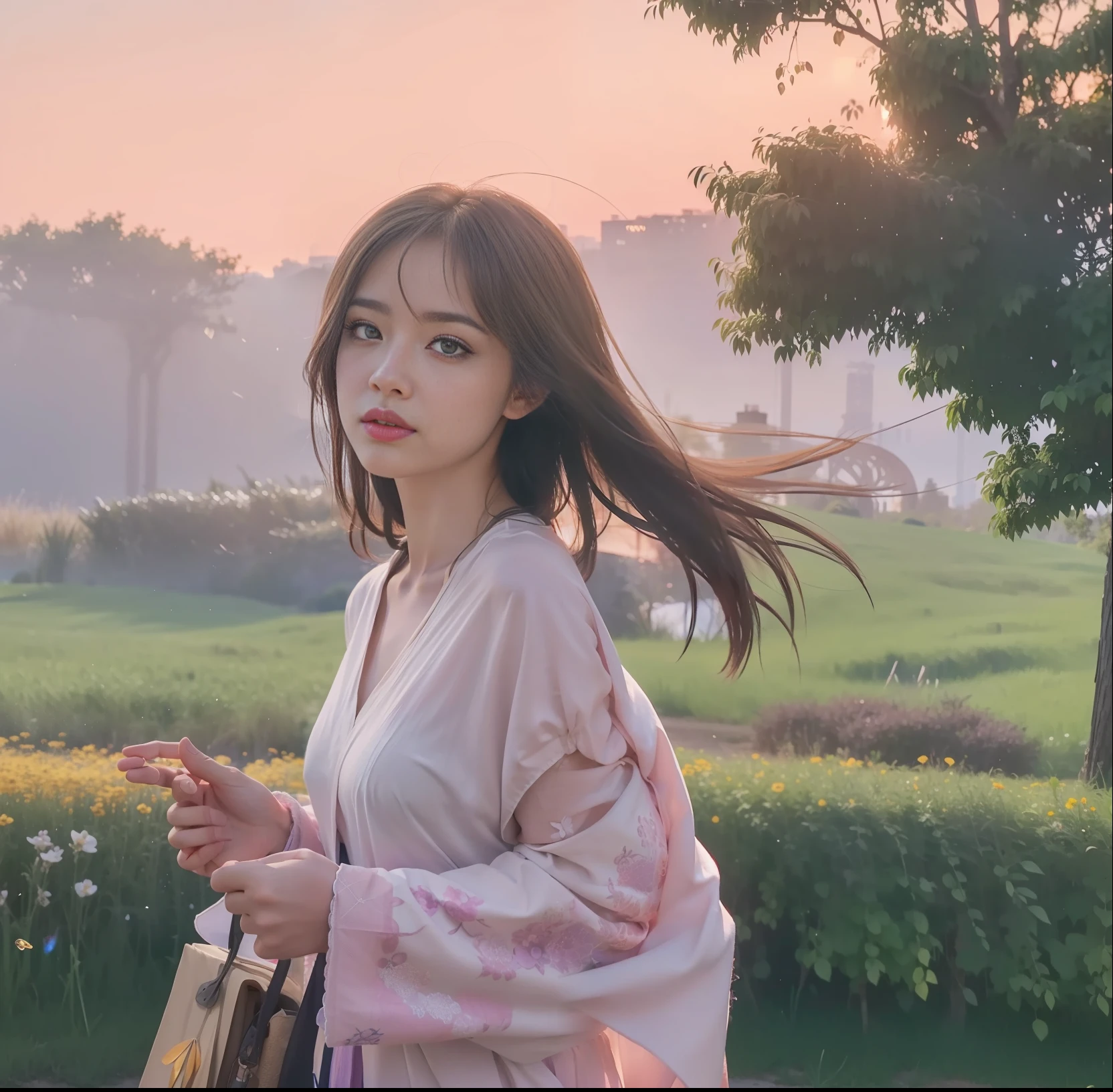 Vast landscape photos, (from below, the sky above, open fields below), a girl standing on a flower field looking up, (Full Moon: 1.2), (Meteor: 0.9), (Nebula: 1.3), Distant Mountains, Trees BREAK Making Art, (Warm Light Source: 1.2), (Firefly: 1.2), Lights, Lots of Purple and Orange, Intricate Details, Volume Lighting BREAK (Masterpiece: 1.2), (Best Quality), 4K, Ultra Detailed, (Dynamic Composition: 1.4), Detailed, Colorful, (Iridescent: 1.2), (Glow, Atmospheric Lighting), Dreamy, Magical, (Solo: 1.2), Slip Dress, Hanfu