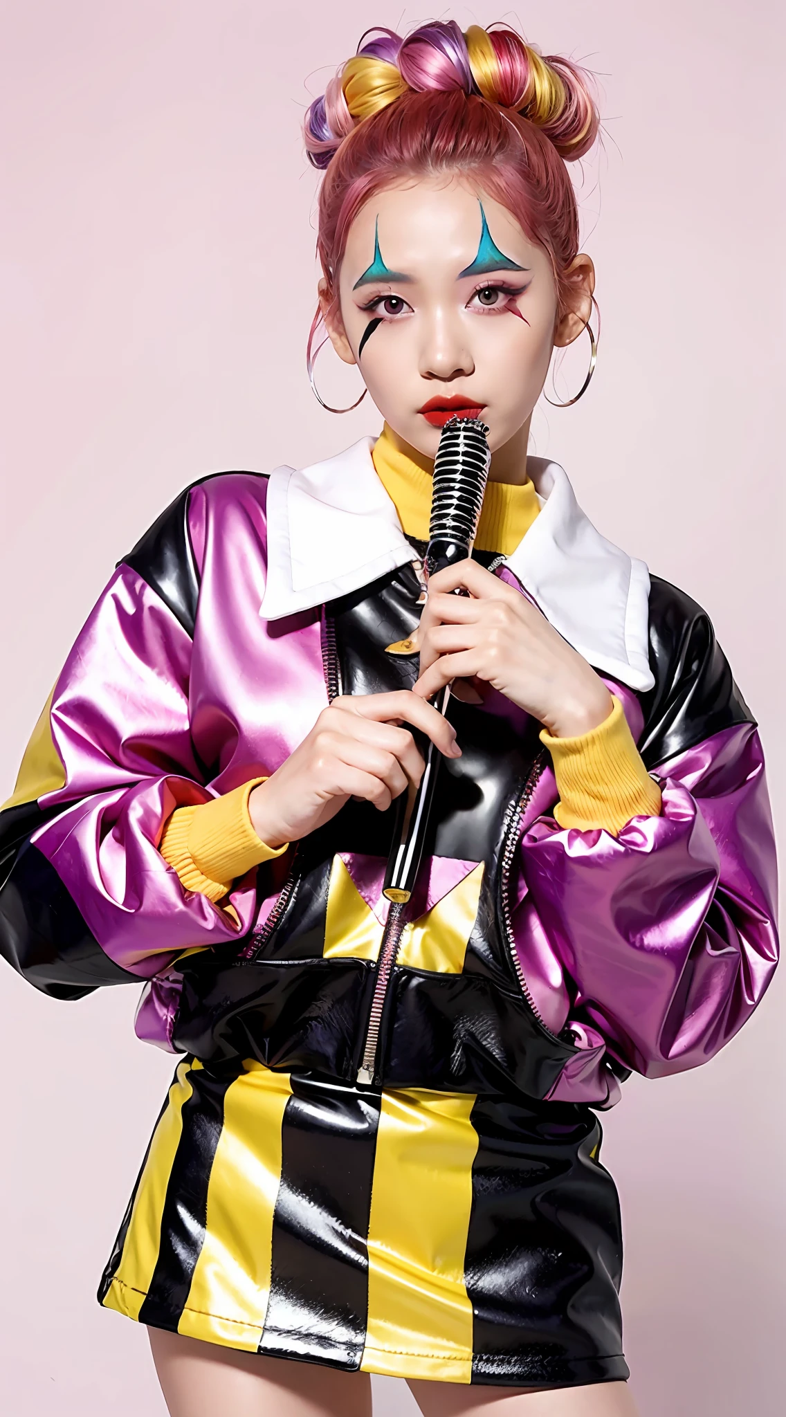 killer, clown makeup, harlequin, , holding a knife, roller skates, pink hair color, background yellow,