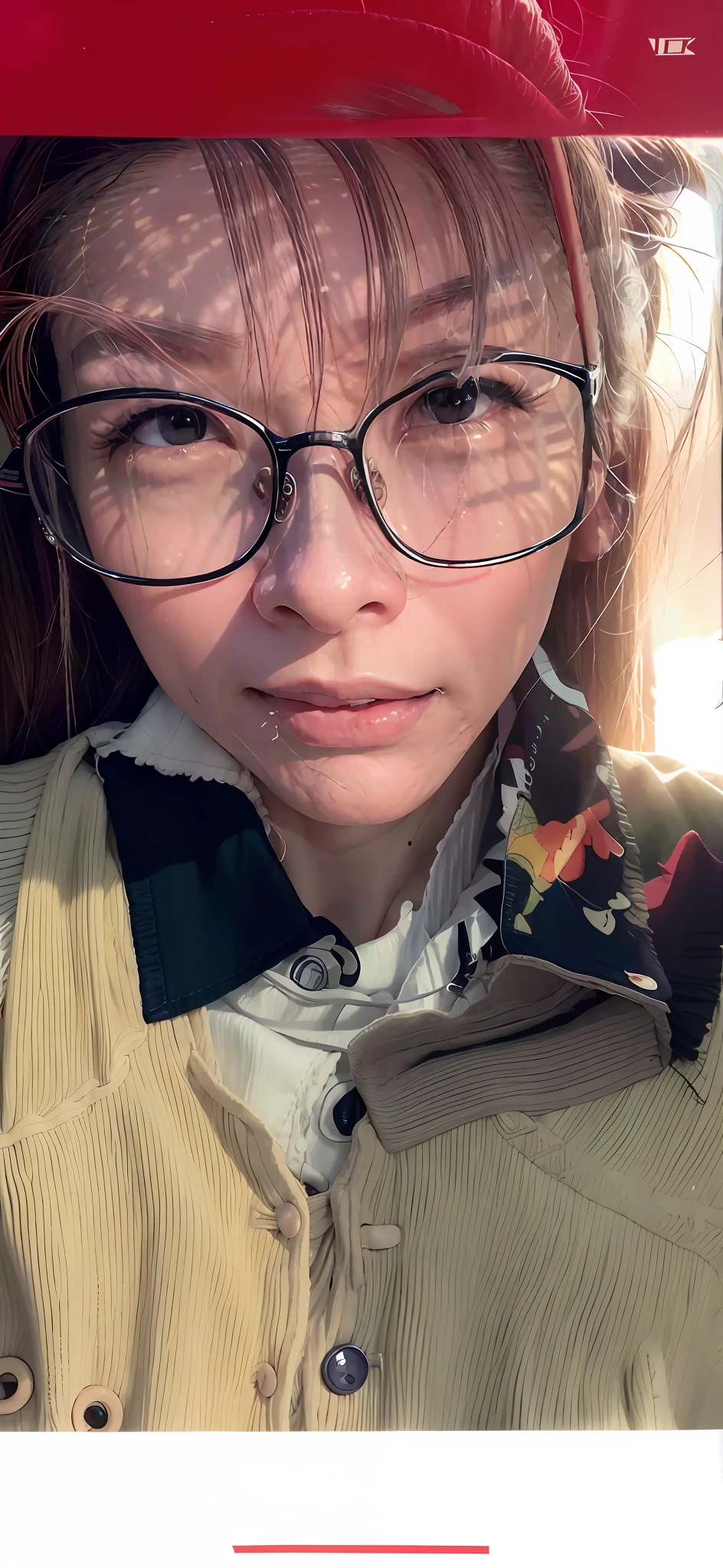 There is a woman wearing glasses and jacket taking a selfie, Yoshitomo Nara, wearing glasses, wearing square glasses, thick glasses, wearing thin large round glasses, 8K selfie photo, girl portrait, wearing small round glasses, small lips pointed nose, wearing glasses, 🤤 19 years old girl with big breasts long hair clothes chest opening