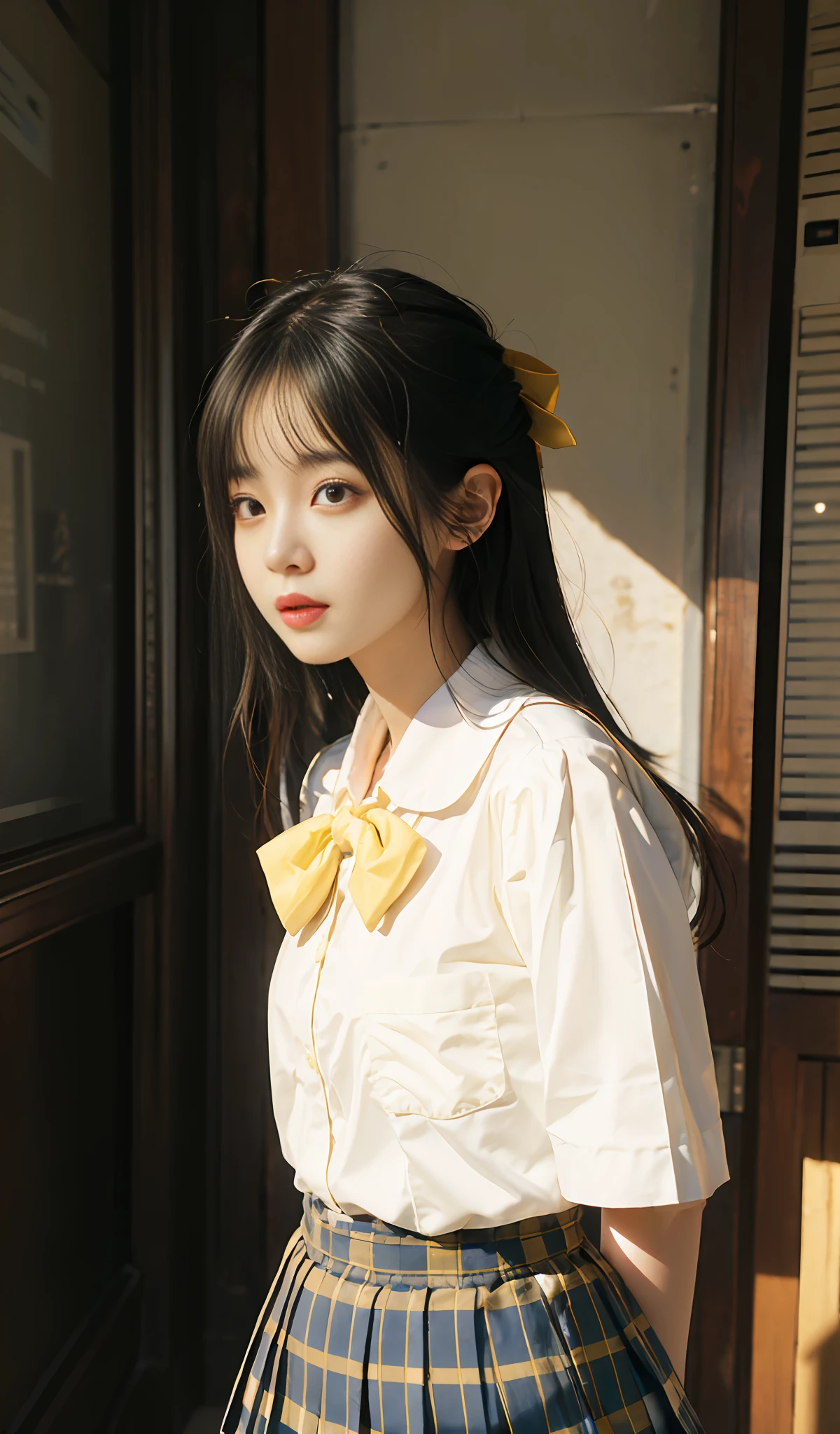 (8K, Best Quality, Masterpiece: 1.2), Realistic, Ultra High Resolution, Intricate Details, 1 Girl, Beautiful Face, JK Suit, White Shirt, Yellow Bow Tie, Yellow Skirt, Plaid Skirt, Pleated Skirt, Upper Body, Standing, Wide Angle Lens, Surreal Schoolgirl, Surreal Schoolgirl, Realistic Anime 3 D Style, Realistic Schoolgirl, Smooth Anime CG Art, 3 D Anime Realistic, Beautiful Anime High School Girls, Sakimichan HDRI, Fantastic school student uniform, realistic anime, realistic young anime girl (8K, best quality, masterpiece: 1.2), realistic, super high resolution, intricate details, 1 girl, beautiful face, JK suit, white shirt, upper body