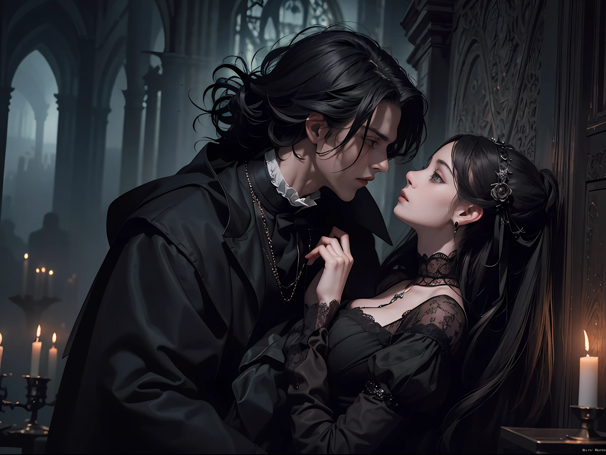 Official art, unity 8k wallpaper, super detailed, beautiful, beautiful, masterpiece, best quality,
darkness, atmosphere, mystery, romanticism, scary, literature, art, fashion, victorian, decoration, complexities, hardware, lace, contemplation, emotional depth, supernatural,
One boy, one girl, two people, gothic style, candlelight, romantic kiss