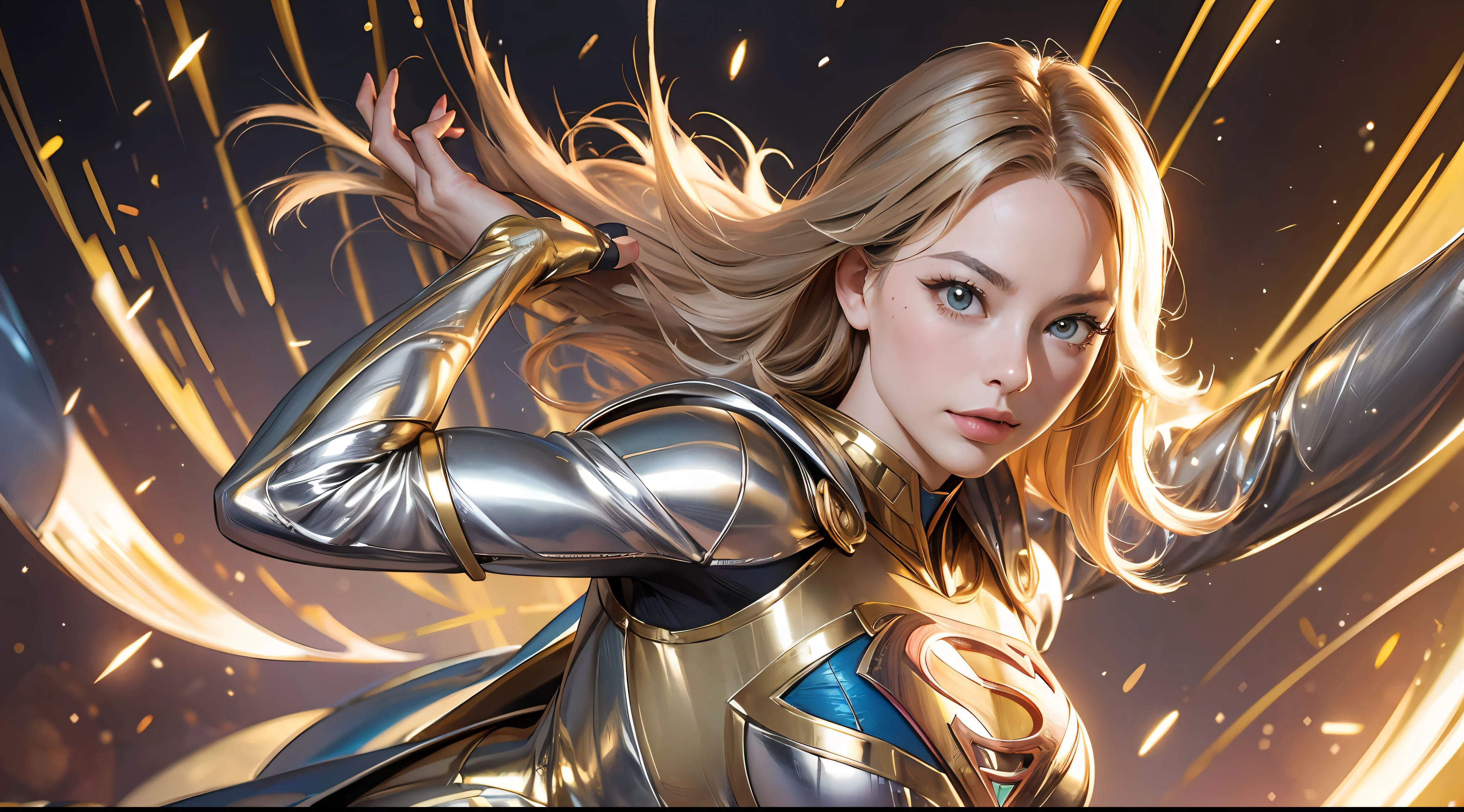 Margot Robbie beautifully in a silver and gold costume with a Superman symbol on her chest, Power Girl, Supergirl, Chris Moore. artgerm, beautiful comic art, extremely detailed artgerm, female superhero proportions, superhero body, high detail comic book art, artgerm julie bell beeple, dc comics art style, perfect anatomy, hands with 4 fingers and 1 thumb, rendered in 8K resolution for high quality detail, 8K image quality, 8K high resolution image, hyper detailed, super realistic, intricate details --auto --s2