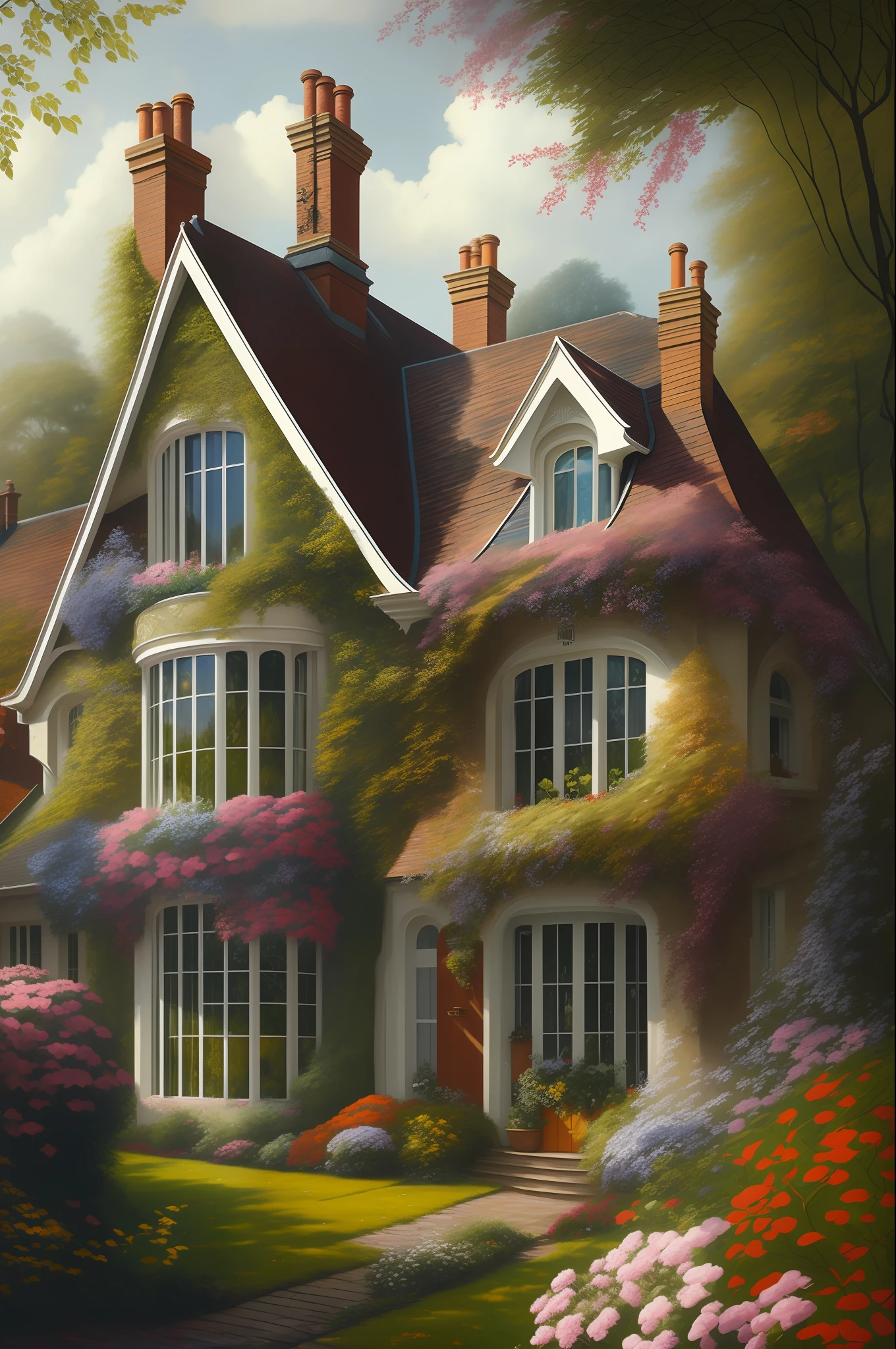 Ultra-detailed, high-quality, British house, with leaves and flowers hanging from the roof, aesthetic house, oil painting, masterpiece