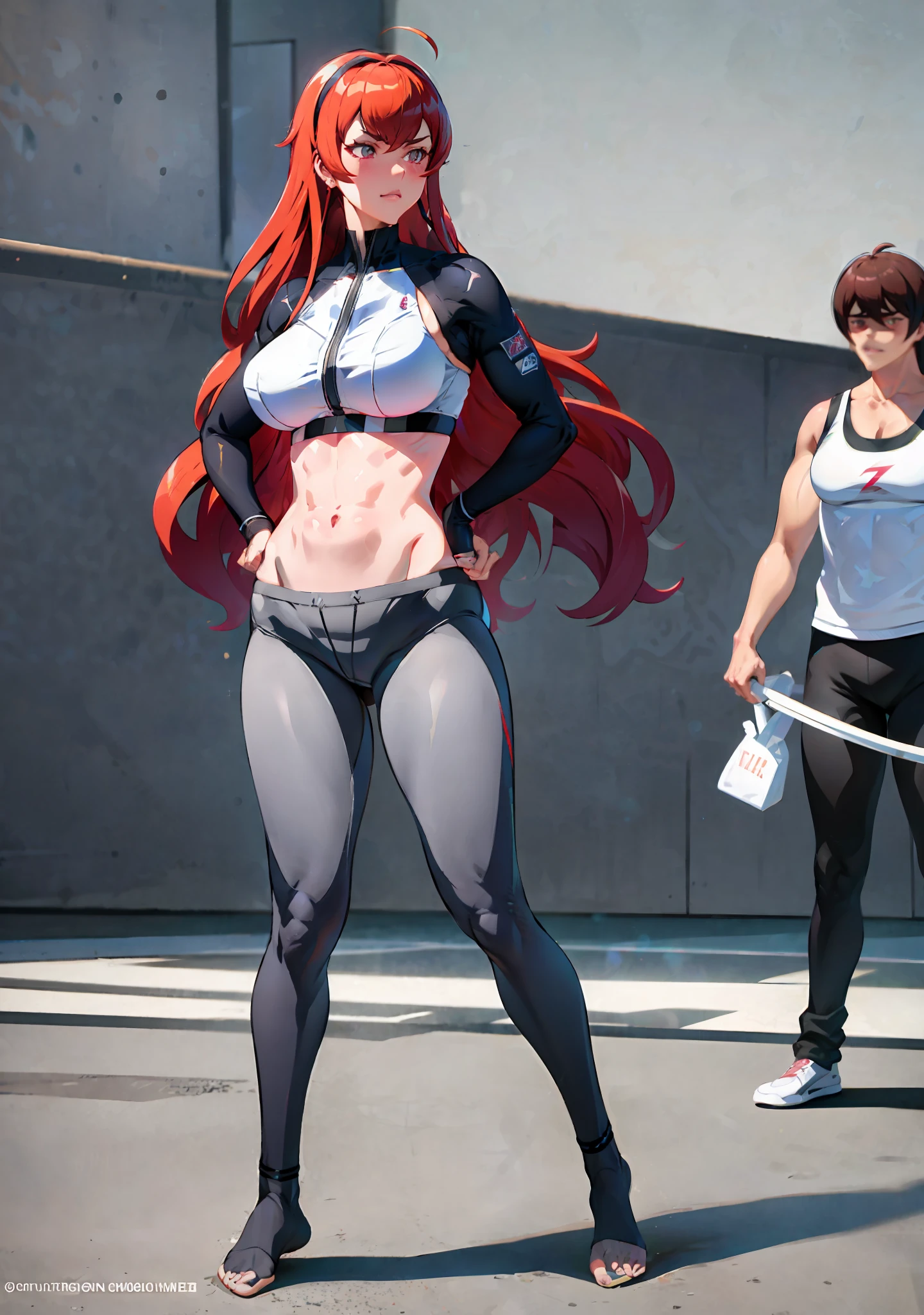Eris Boreas Greyrat in calvin klein clothing, Eris Boreas Greyrat by Mushoku Tensei, Eris Boreas Greyrat, Eris Adult, costume: calvin klein clothing, sportswear, leggings, sports bra, hollandic angle, full body,seductive anime girl, Joy Ride art style, fit body, gynoid body, perfect body, large breasts, Ilya Kuvshinov, Anime Moe Artstyle, gym, pants, fl4r3, pawgfc, fashion photoshoot, long red hair,