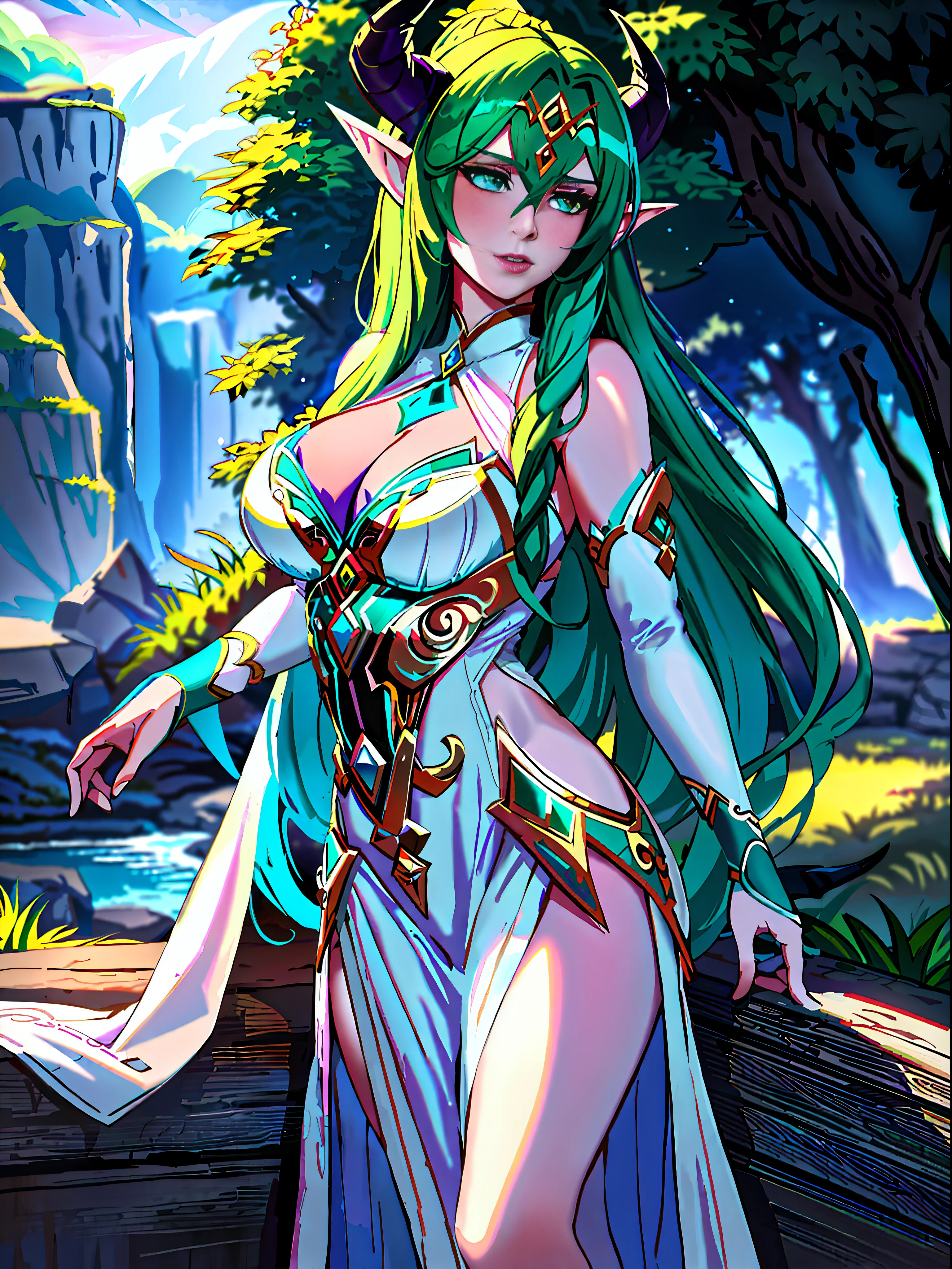 tyrande whisperwind, elegant elf woman, beautiful, high definition artwork, realistic, tiefling woman, 1girl, black dragon horns, black dragon tail, outdoors, nature, plants, demon horns, soft colours, soft colors, high detail, white revealing dress, high detailed face, beautiful face, gentle, tiefling horns, sheer dress, glowing eyes, magical