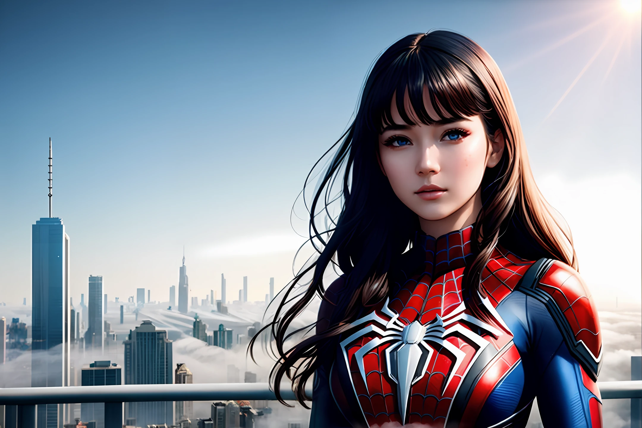 (1girl:1.3), Solo, (((Very detailed face)))), ((Very detailed eyes and face)))), Beautiful detail eyes, Body parts__, Official art, Unified 8k wallpaper, Super detailed, beautiful and beautiful, beautiful, masterpiece, best quality, original, masterpiece, super fine photo, best quality, super high resolution, realistic realism, sunlight, full body portrait, amazing beauty, dynamic pose, delicate face, vibrant eyes, (from the front), She wears Spider-Man suit, red and black color scheme, very detailed city roof background, rooftop, overlooking the city, detailed face, detailed complex busy background, messy, gorgeous, milky white, highly detailed skin, realistic skin details, visible pores, clear focus, volumetric fog, 8k uhd, DSLR, high quality, film grain, fair skin, photo realism, lomography, futuristic dystopian megalopolis, translucent