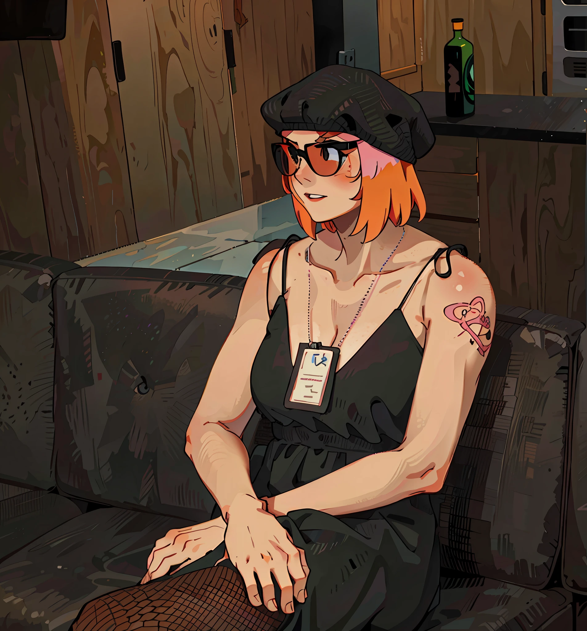 (best-quality:0.8), (best-quality:0.8), perfect anime illustration, pink and orange double-pick dye wave head short hair girl, cute manga style girl with red lipstick, "IAA" on her chest
