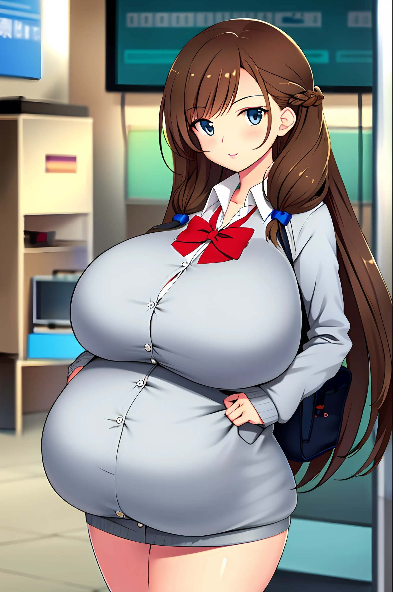 Huge breasts, no clothes, school, brown hair, long hair, lips, looking at the audience, dew point