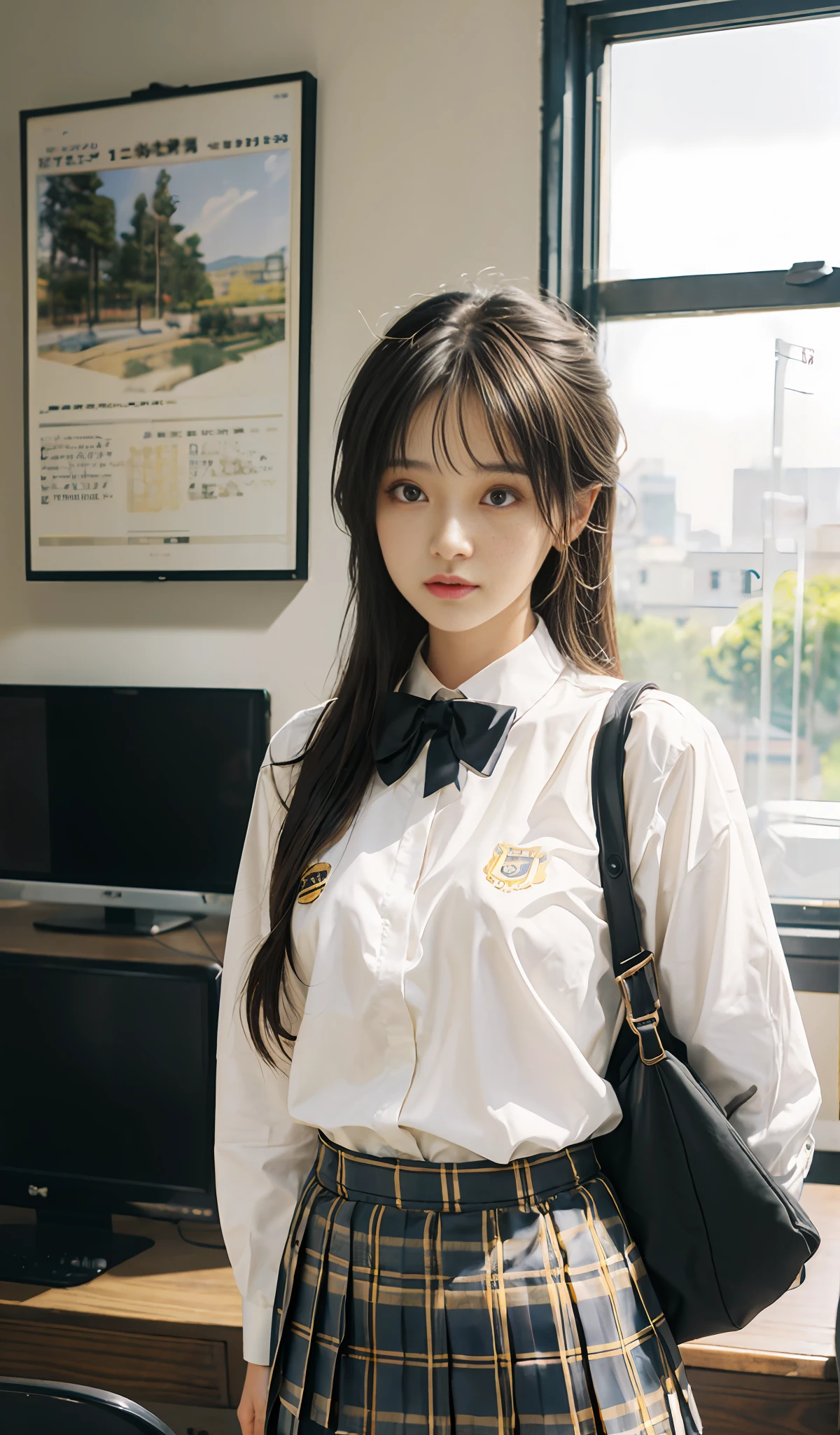 (8K, Best Quality, Masterpiece: 1.2), Realistic, Ultra High Resolution, Intricate Details, 1 Girl, Beautiful Face, JK Suit, White Shirt, Yellow Bow Tie, Yellow Skirt, Plaid Skirt, Pleated Skirt, Upper Body, Standing, Wide Angle Lens, Surreal Schoolgirl, Surreal Schoolgirl, Realistic Anime 3 D Style, Realistic Schoolgirl, Smooth Anime CG Art, 3 D Anime Realistic, Beautiful Anime High School Girls, Sakimichan HDRI, Fantastic school student uniform, realistic anime, realistic young anime girl (8K, best quality, masterpiece: 1.2), realistic, super high resolution, intricate details, 1 girl, beautiful face, JK suit, white shirt, upper body